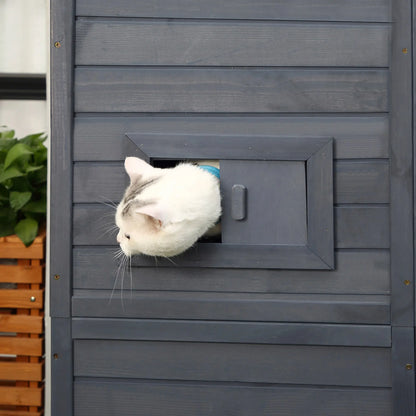 Outdoor Wooden Catio, 4 Tier Main House, Ramp, Platforms, Asphalt Roof, Grey Outdoor Cat Enclosures at Gallery Canada