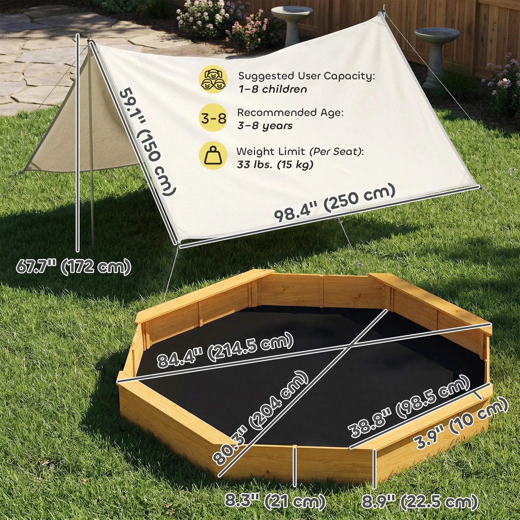 Wooden Kids Sandbox With Large Canopy, 4 Bench Seats, Bottom Liner, Yellow Sandboxes & Accessories at Gallery Canada