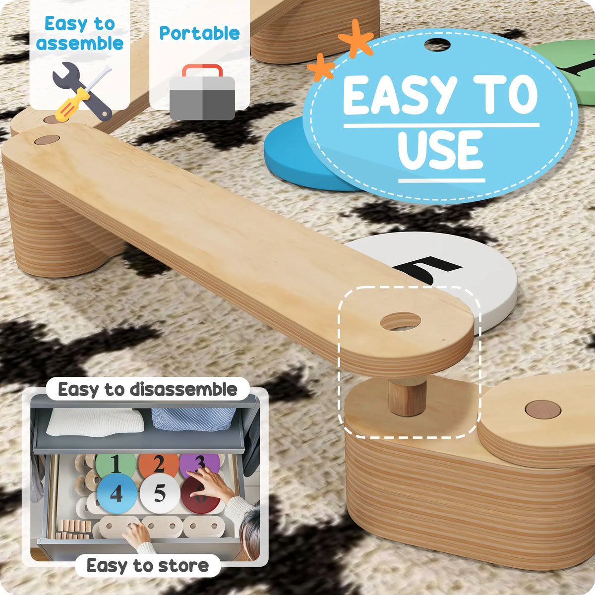 6 PC Wooden Balance Beam for Kids, Indoor Outdoor Coordination