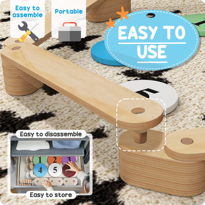 6 PC Wooden Balance Beam for Kids, Indoor Outdoor Coordination