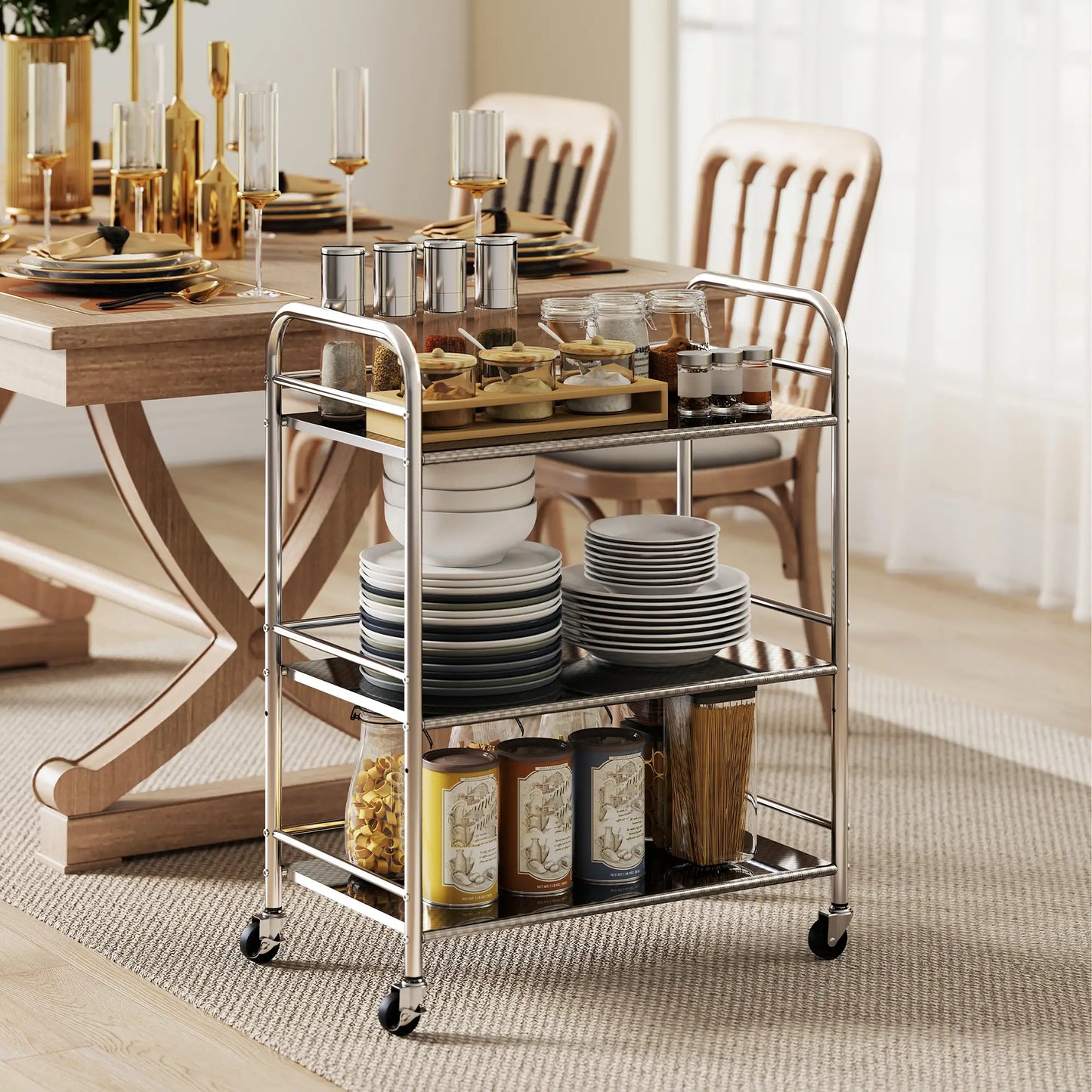 3 Tier Stainless Steel Rolling Cart, Adjustable Shelf, Wheels, Silver Kitchen Islands & Kitchen Carts at Gallery Canada