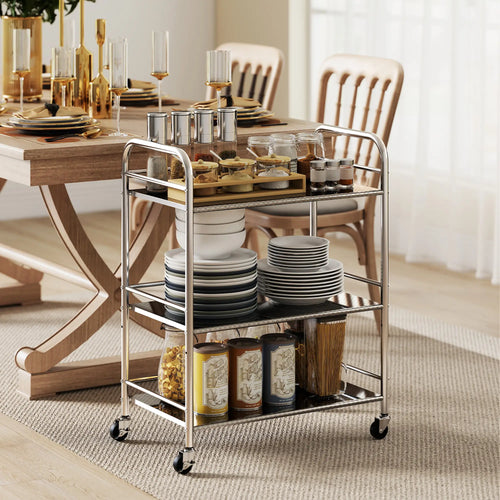 3 Tier Stainless Steel Rolling Cart, Adjustable Shelf, Wheels, Silver