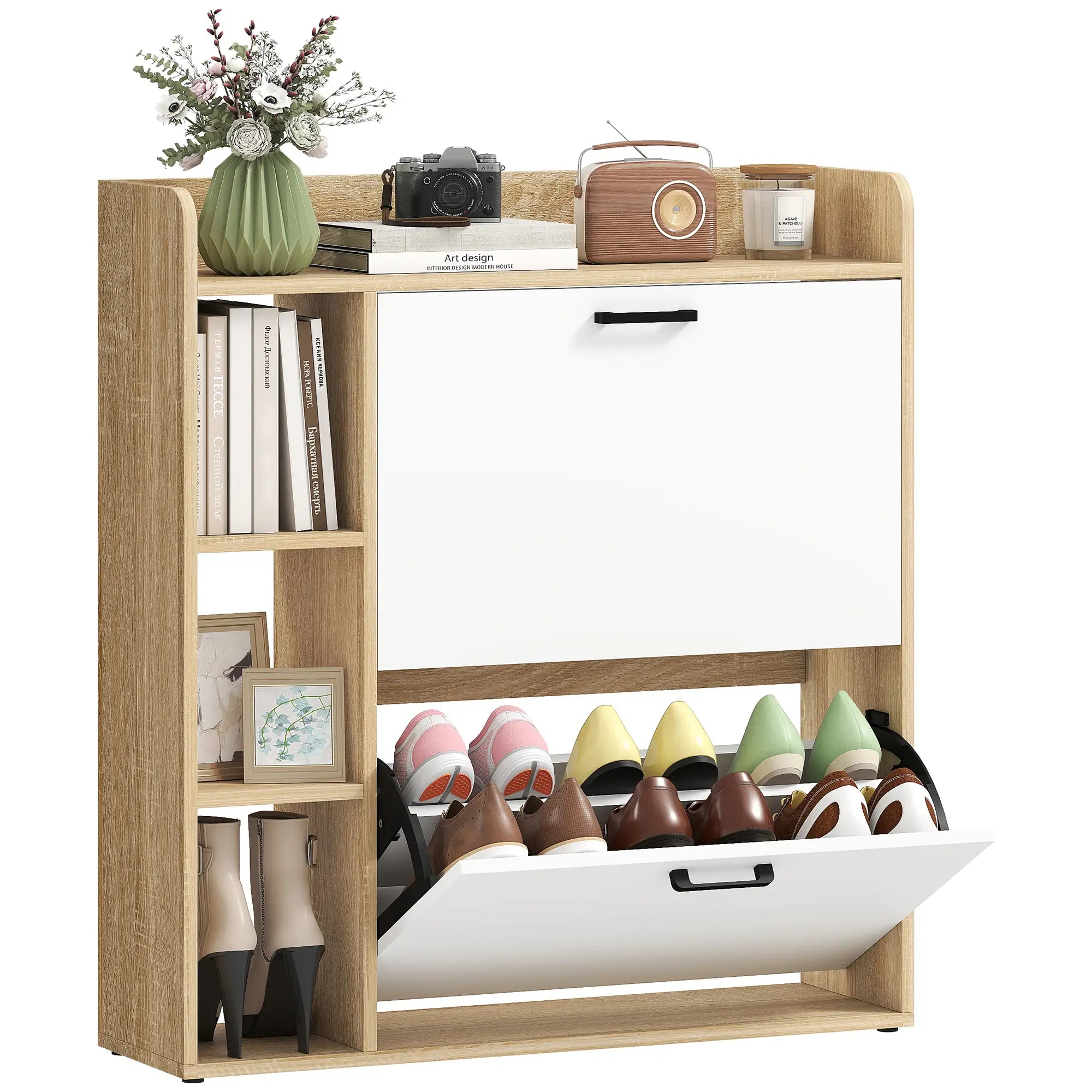 Shoe Cabinet with 2 Flip Drawers, 3 Side Compartments, Adjustable Shelves, 8-12 Pairs for Entryway Hallway, Natural Shoe Storage Cabinets & Racks at Gallery Canada