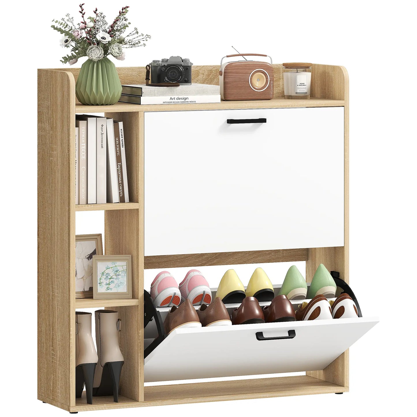 Shoe Cabinet with 2 Flip Drawers, 3 Side Compartments, Adjustable Shelves, 8-12 Pairs for Entryway Hallway, Natural Shoe Storage Cabinets & Racks at Gallery Canada
