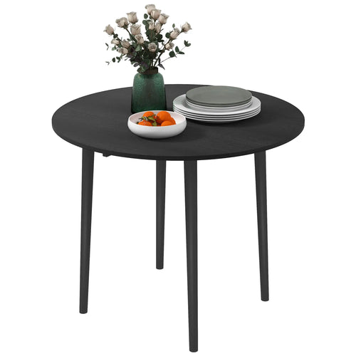 Folding Round Drop Leaf Dining Table, Wood Legs, Distressed Black, Black