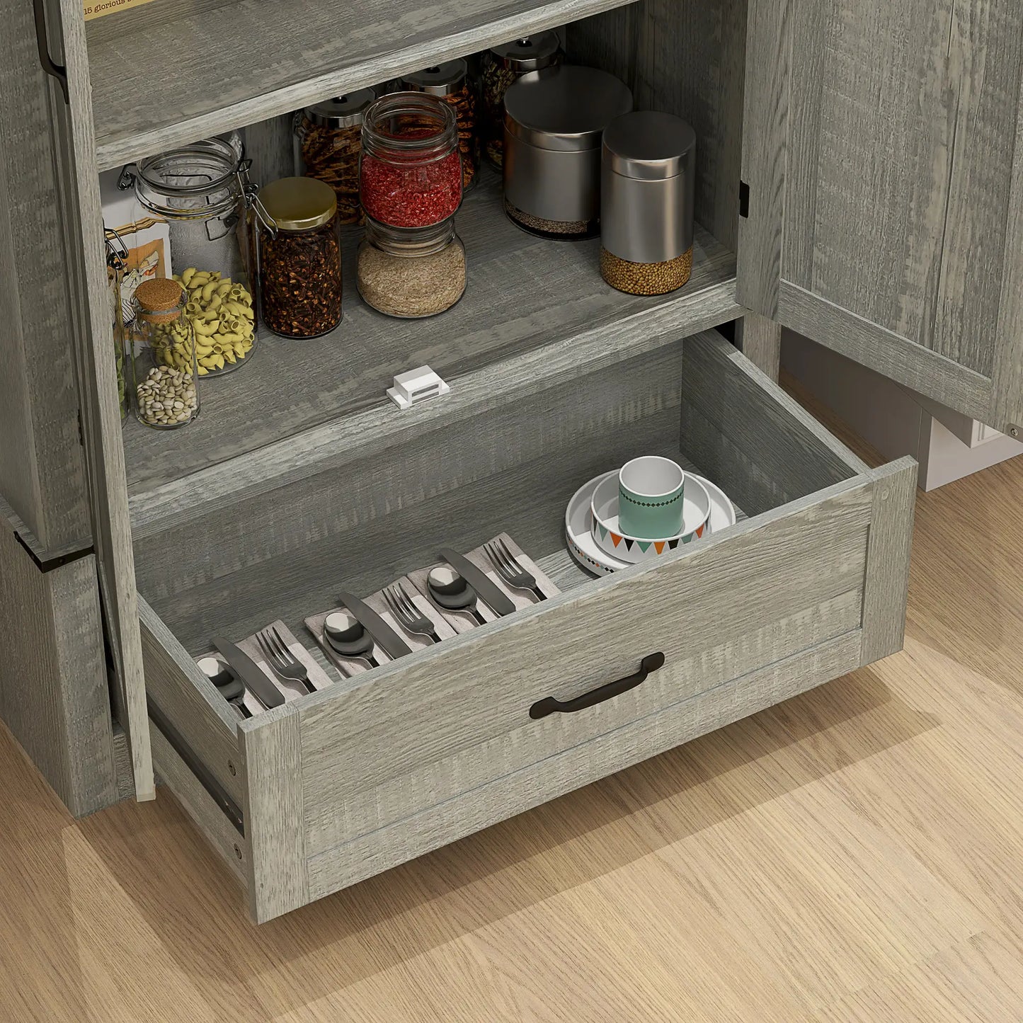 72" Farmhouse Pantry Cabinet, Adjustable Shelves, 2 Doors, Distressed, Light Grey Storage Cabinets at Gallery Canada