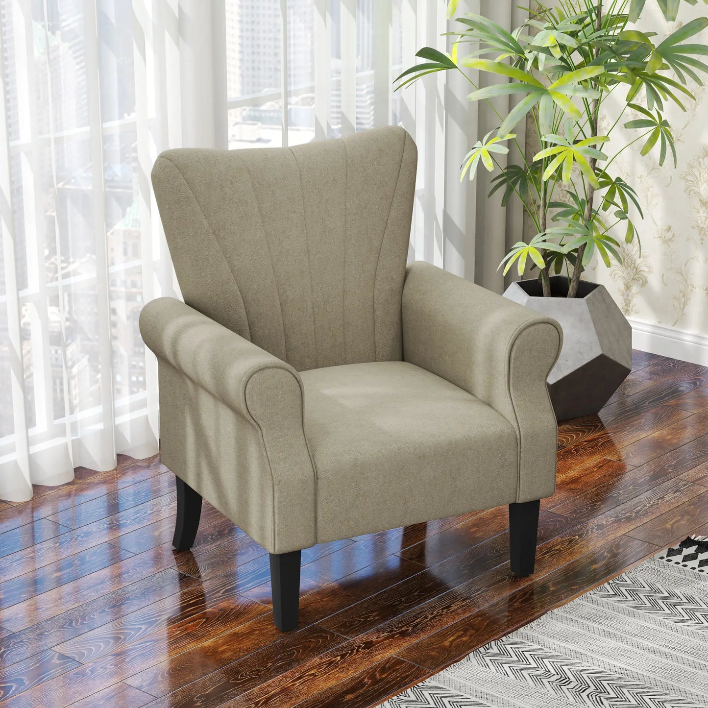 Modern Fabric Armchair with Wood Legs, Living Room, Bedroom, Beige Accent Chairs at Gallery Canada