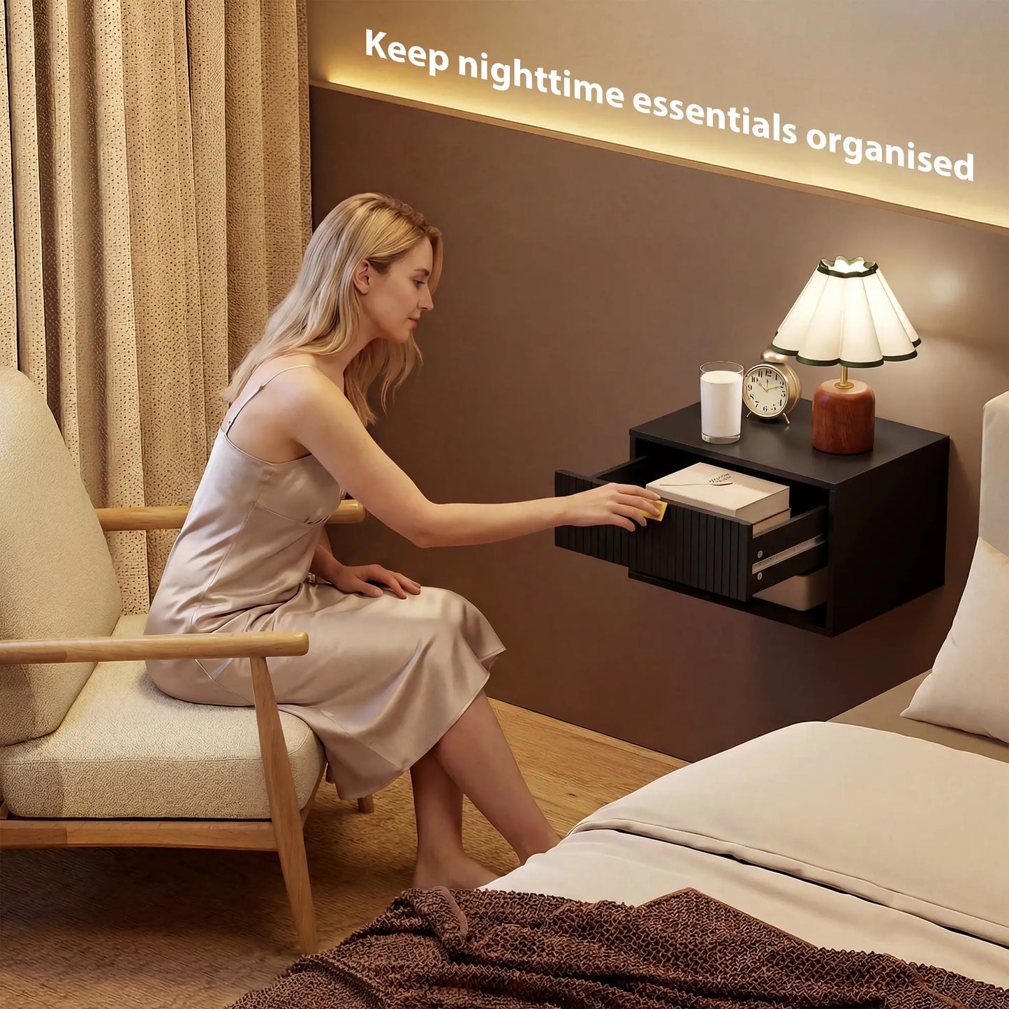 Wall Mounted Bedside Tables, Floating Nightstands, Black
