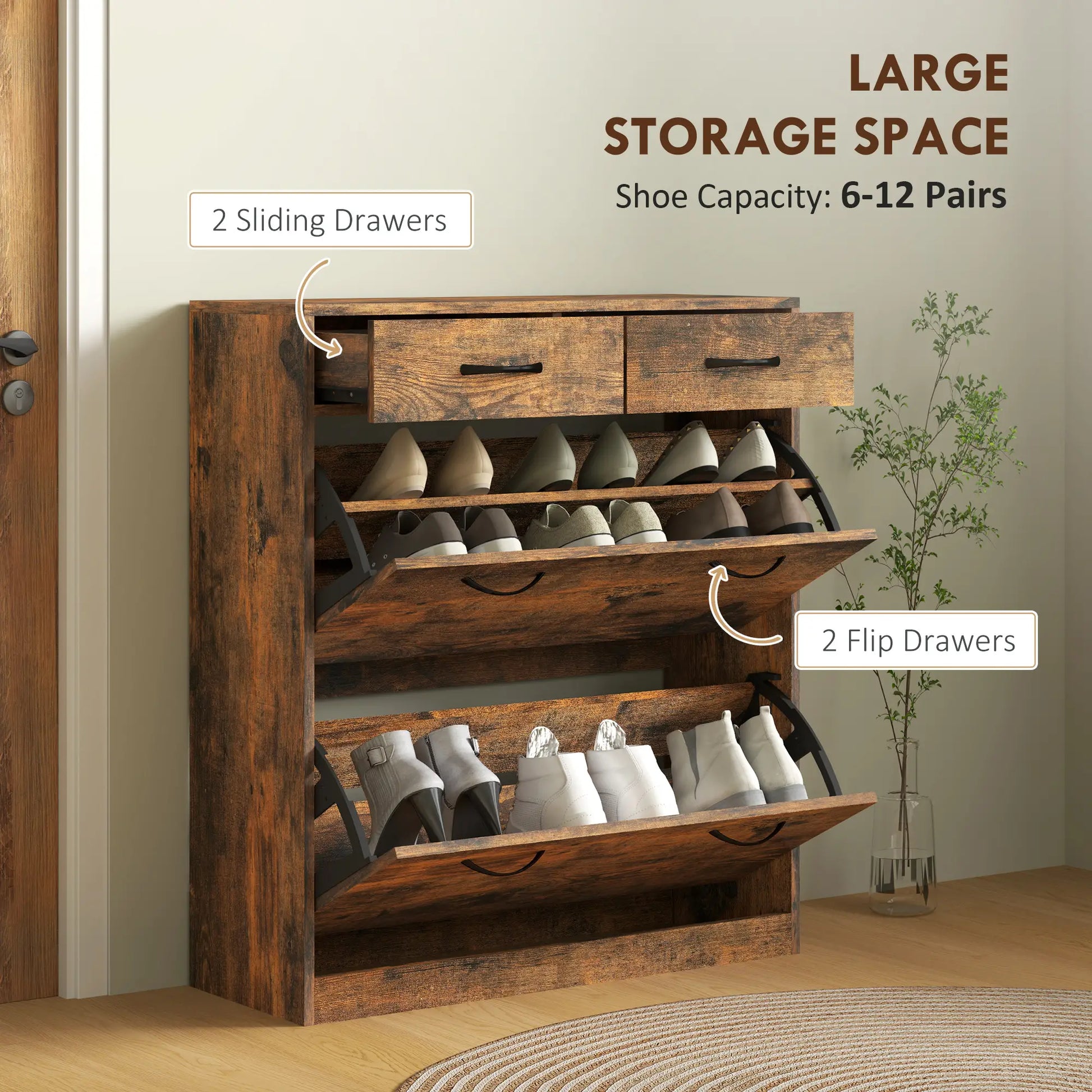 Narrow Shoe Storage, 2 Flip Drawers, Adjustable Shelves, 12 Pairs, Brown Shoe Storage Cabinets & Racks at Gallery Canada
