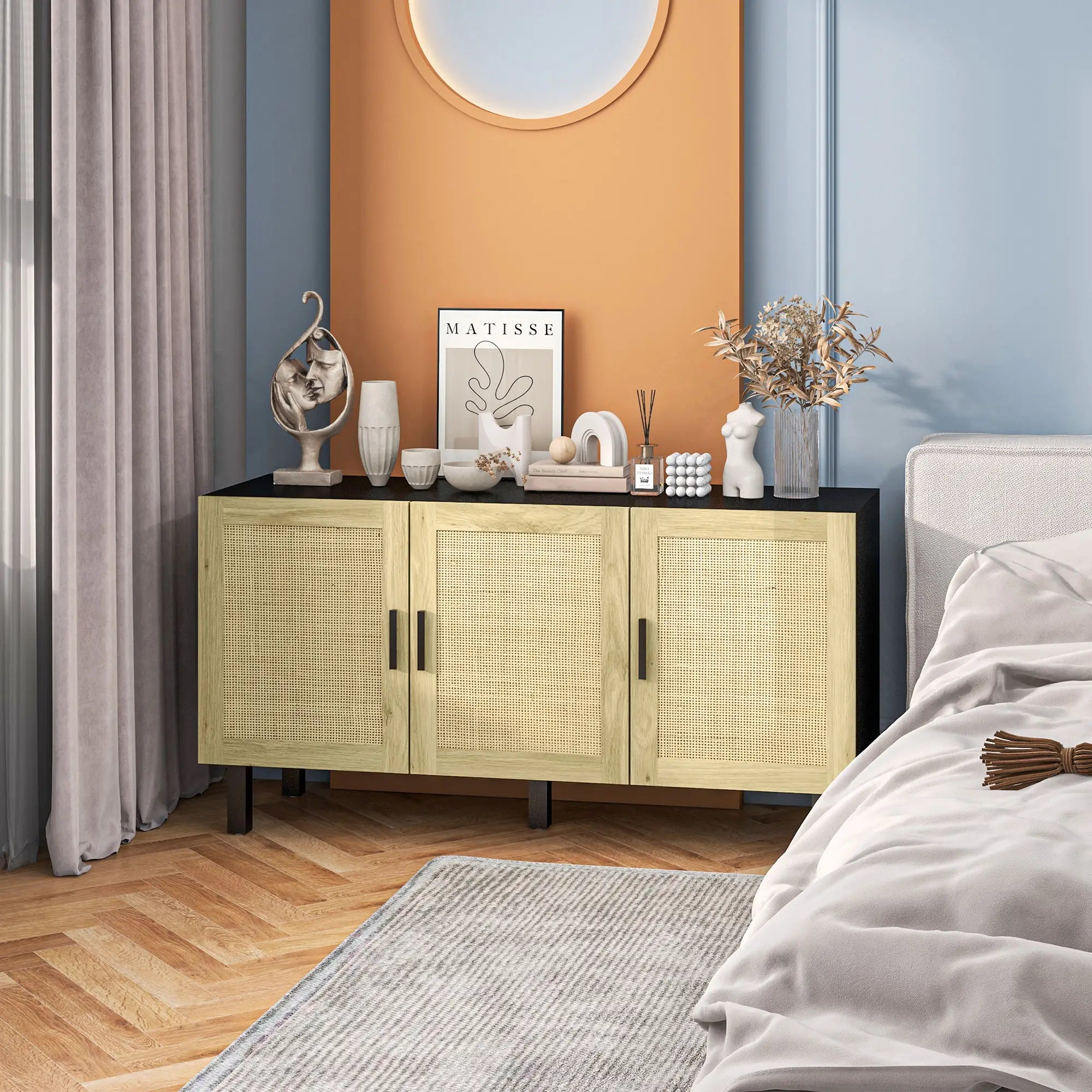 Boho Sideboard, 3 Rattan Doors, Adjustable Shelves, Natural, Black Storage Cabinets at Gallery Canada