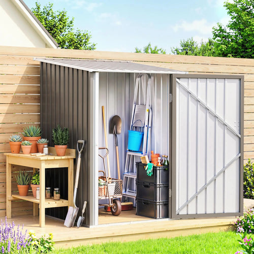 3.3' x 3.4' Outdoor Storage Shed, Galvanized Steel, Lockable Door, Brown and White
