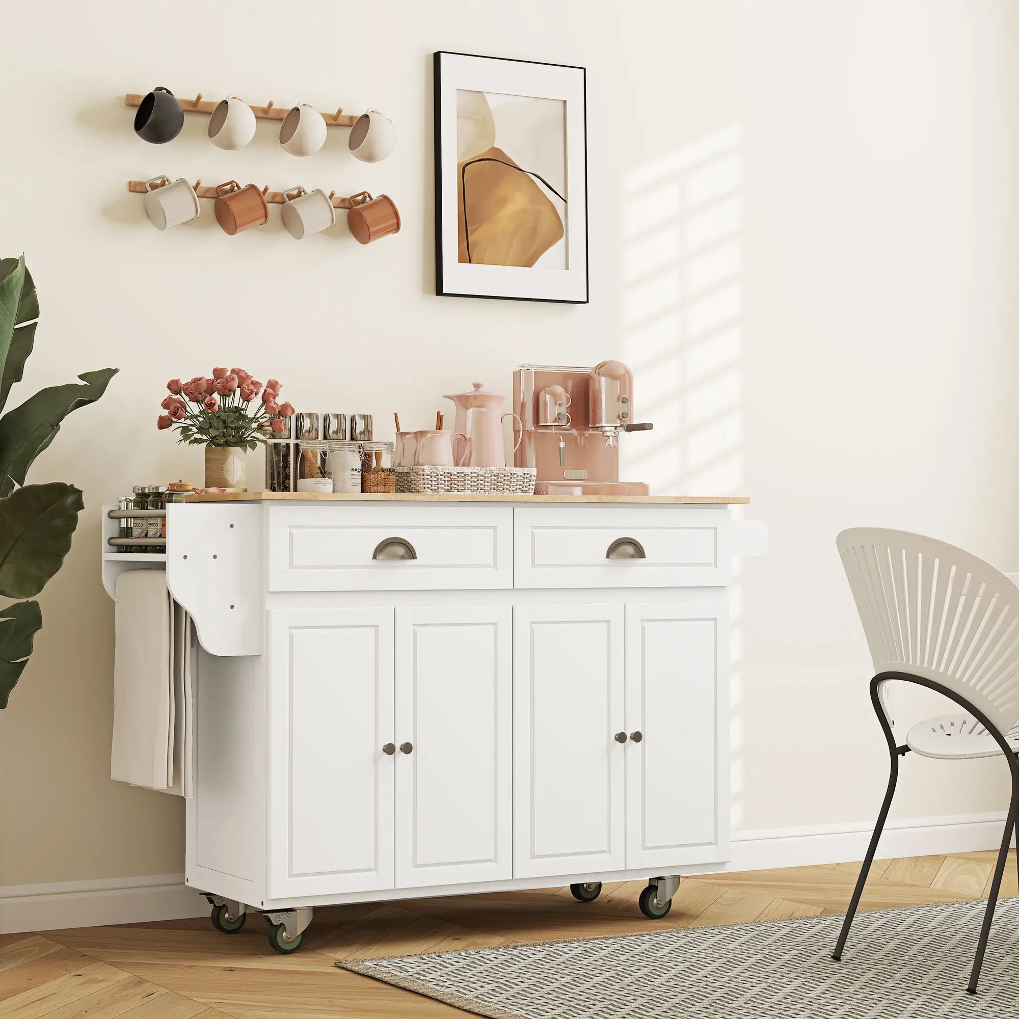 Kitchen Island with Storage, Drop Leaf, Rubber Wood Top, Adjustable Shelves, White Kitchen Islands & Kitchen Carts at Gallery Canada
