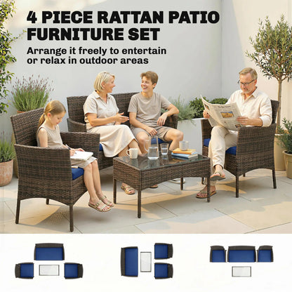 4-Piece Wicker Patio Furniture Set, Glass Coffee Table, Navy Blue Patio Furniture Sets at Gallery Canada