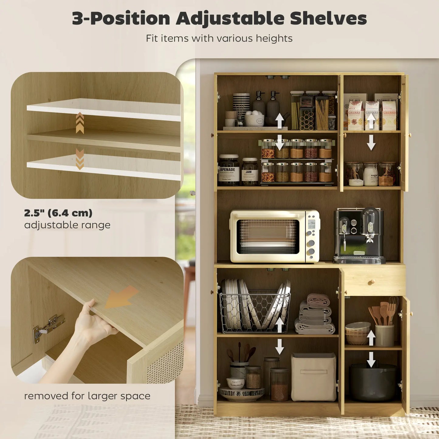 71" Kitchen Hutch with Microwave Countertop, Boho Pantry Cabinet, Rattan Doors, Natural Kitchen Pantry Cabinets at Gallery Canada