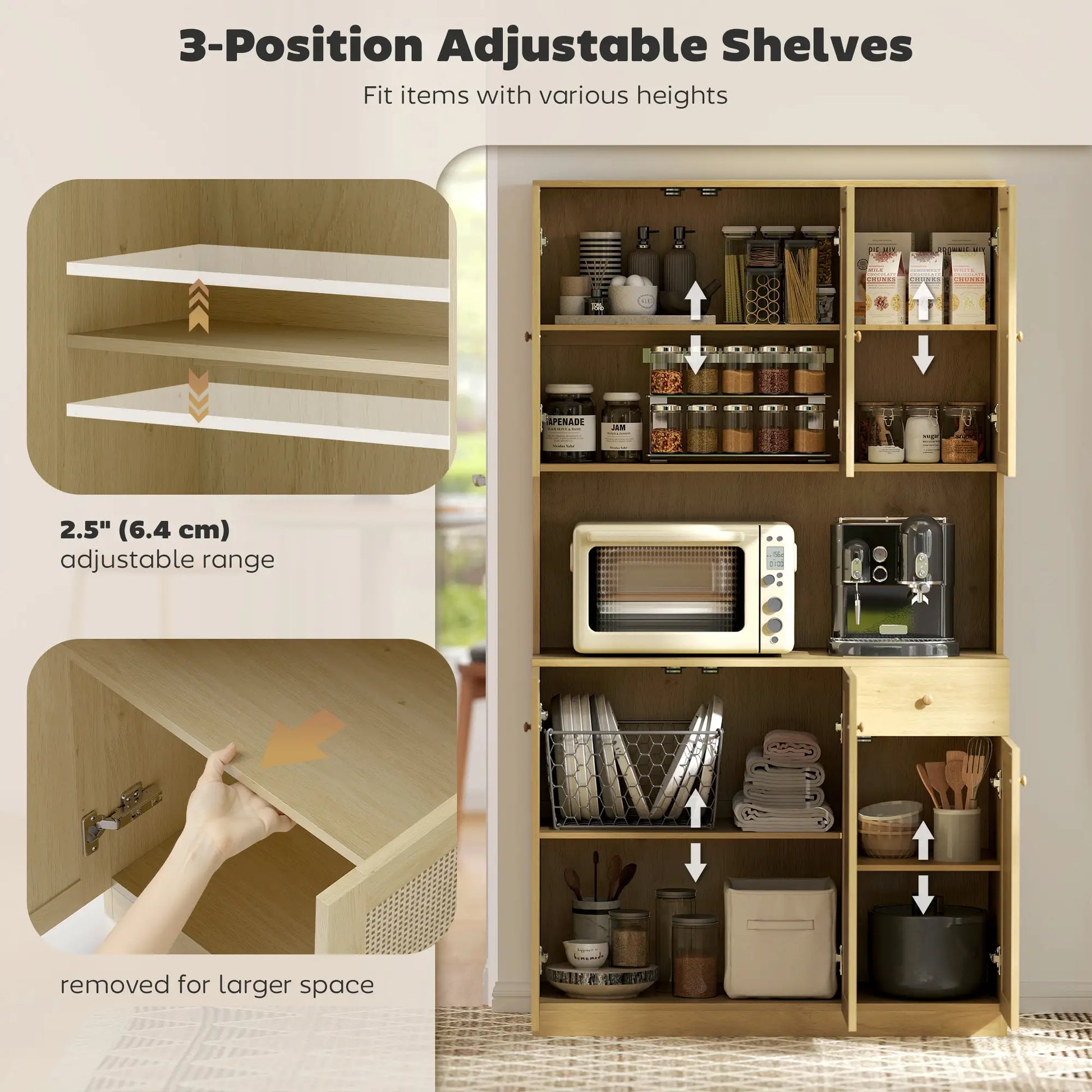 71" Kitchen Hutch with Microwave Countertop, Boho Pantry Cabinet, Rattan Doors, Natural Kitchen Pantry Cabinets at Gallery Canada