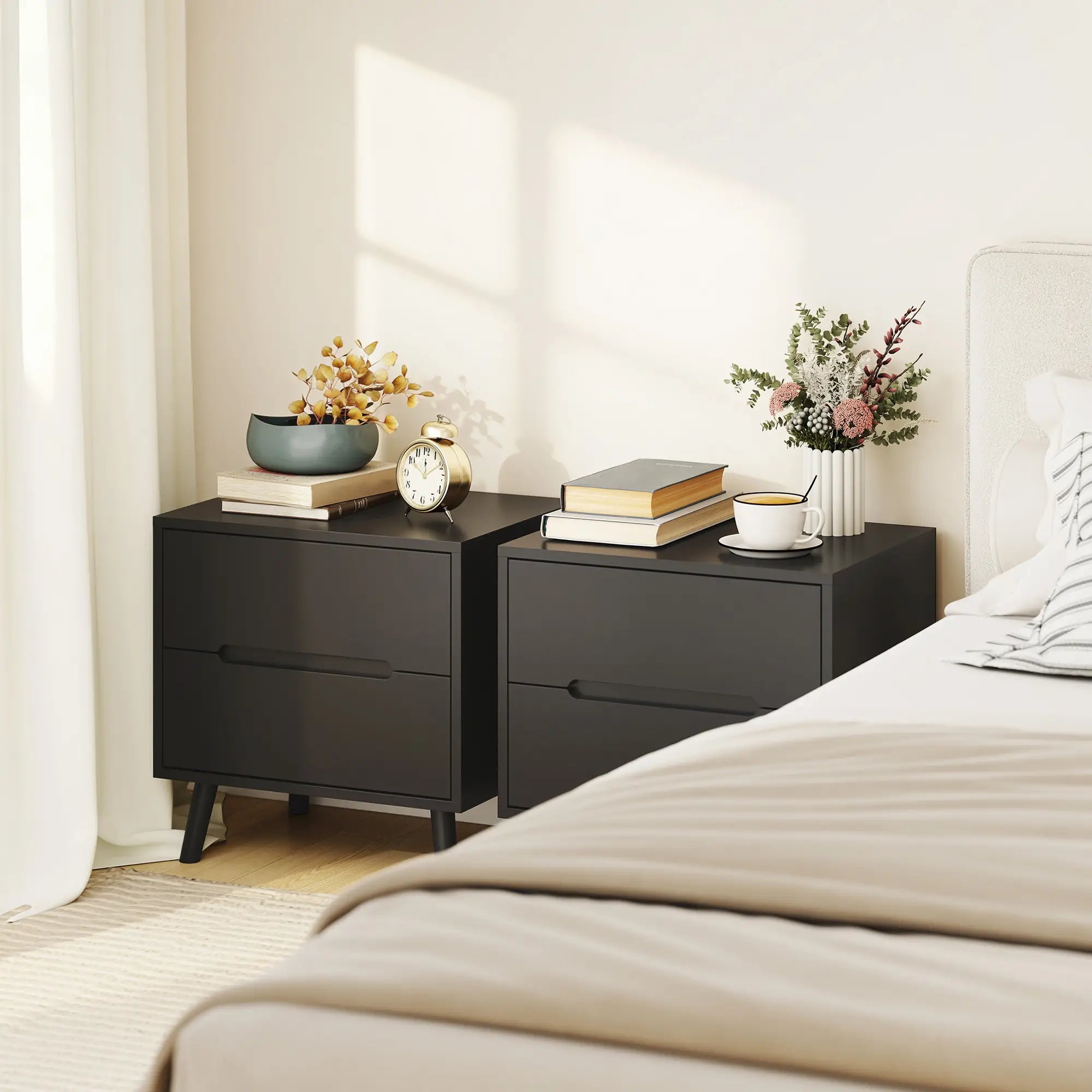 Modern Nightstands Set Of 2, 2 Drawers, Solid Wood Legs, Black Bedside Tables at Gallery Canada