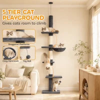 Arbre à chat à 5 niveaux, réglable de 88,6" à 100,4", poteaux à gratter