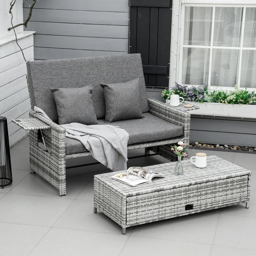 2 Piece Rattan Outdoor Daybed, 2 Seater Sofa Set with Footstool, Grey