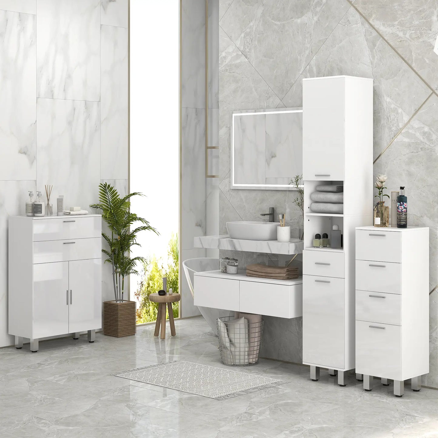 71" Tall Bathroom Storage Cabinet, Linen Tower with Drawer, Open Shelves, White Bathroom Cabinets at Gallery Canada