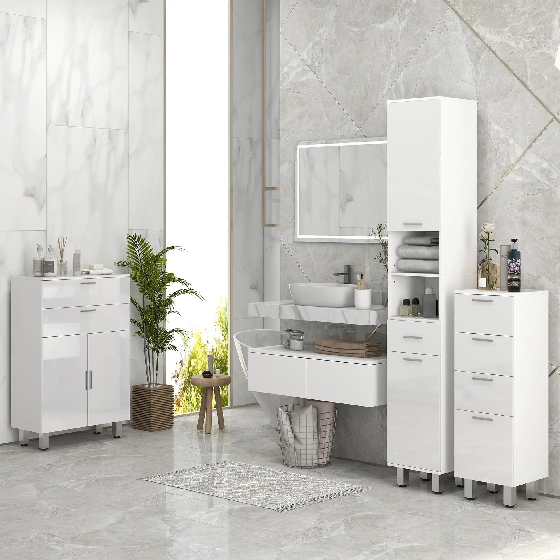 71" Tall Bathroom Storage Cabinet, Linen Tower with Drawer, Open Shelves, White Bathroom Cabinets at Gallery Canada