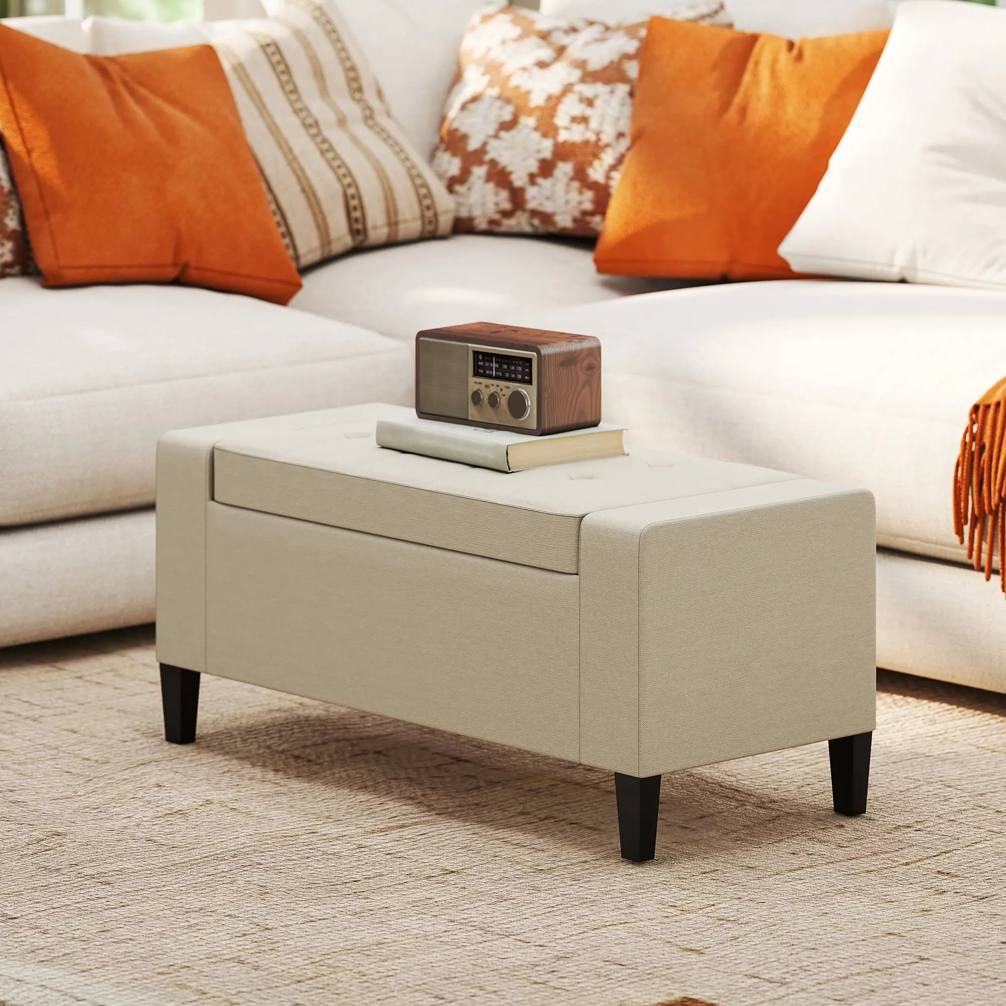 Storage Ottoman Bench, Tufted Linen Fabric, Flip Top, Beige Storage Ottomans & Benches at Gallery Canada