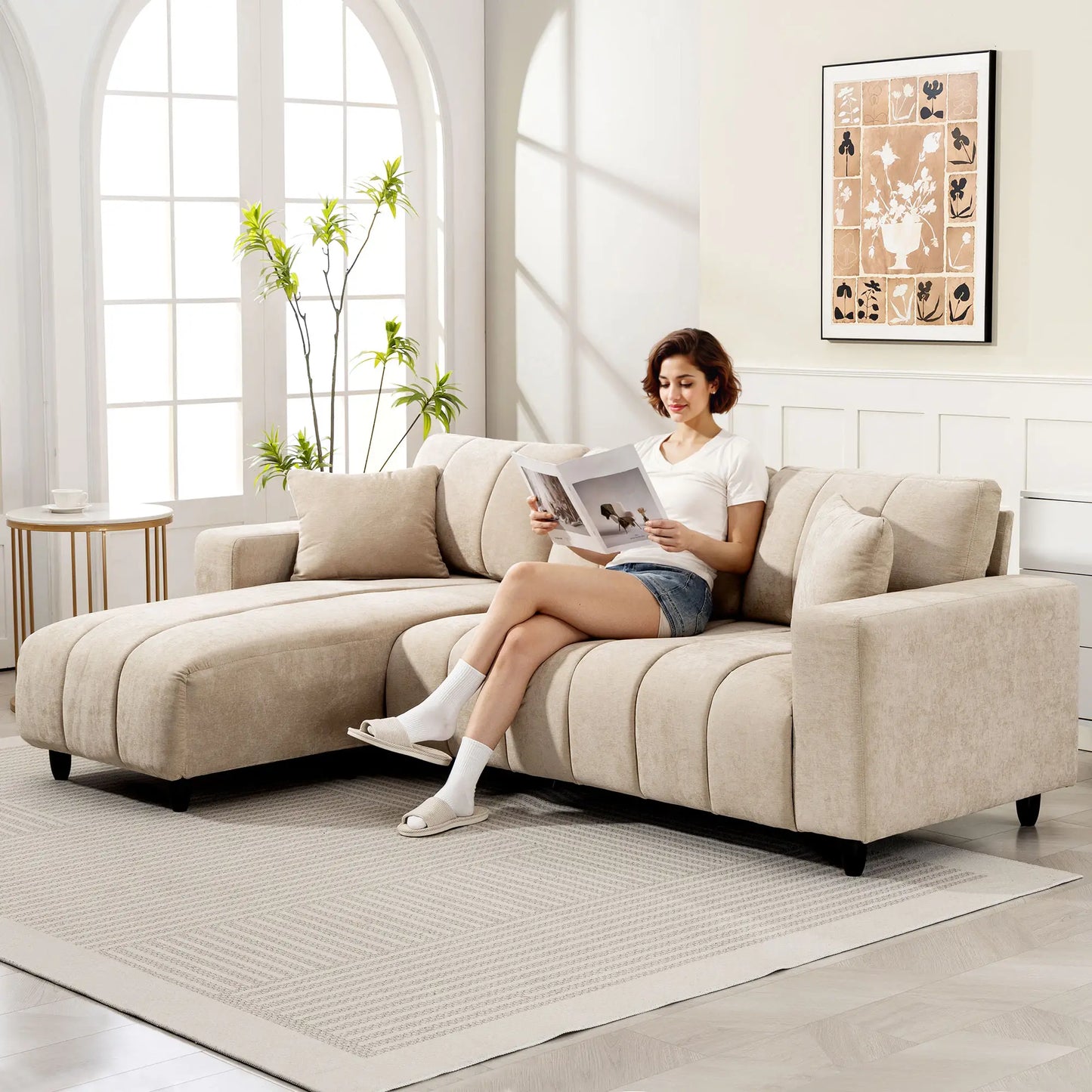Canapé sectionnel en forme de L 3 places avec méridienne, coussin à ressorts, oreillers, beige
