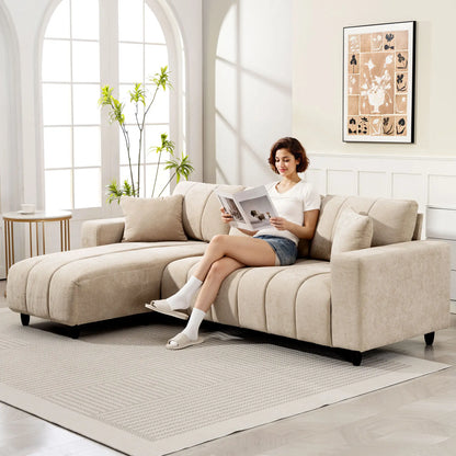 Canapé sectionnel en forme de L 3 places avec méridienne, coussin à ressorts, oreillers, beige