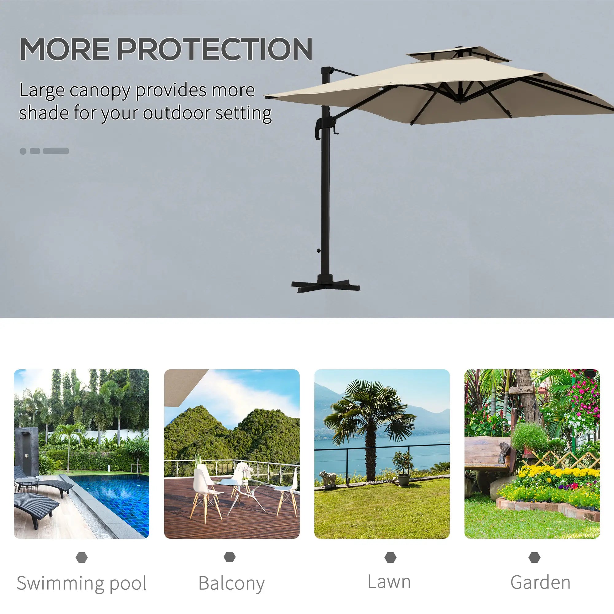 10ft Square Cantilever Patio Umbrella, 360° Rotating, Crank Handle, Khaki Offset Cantilever Umbrellas at Gallery Canada