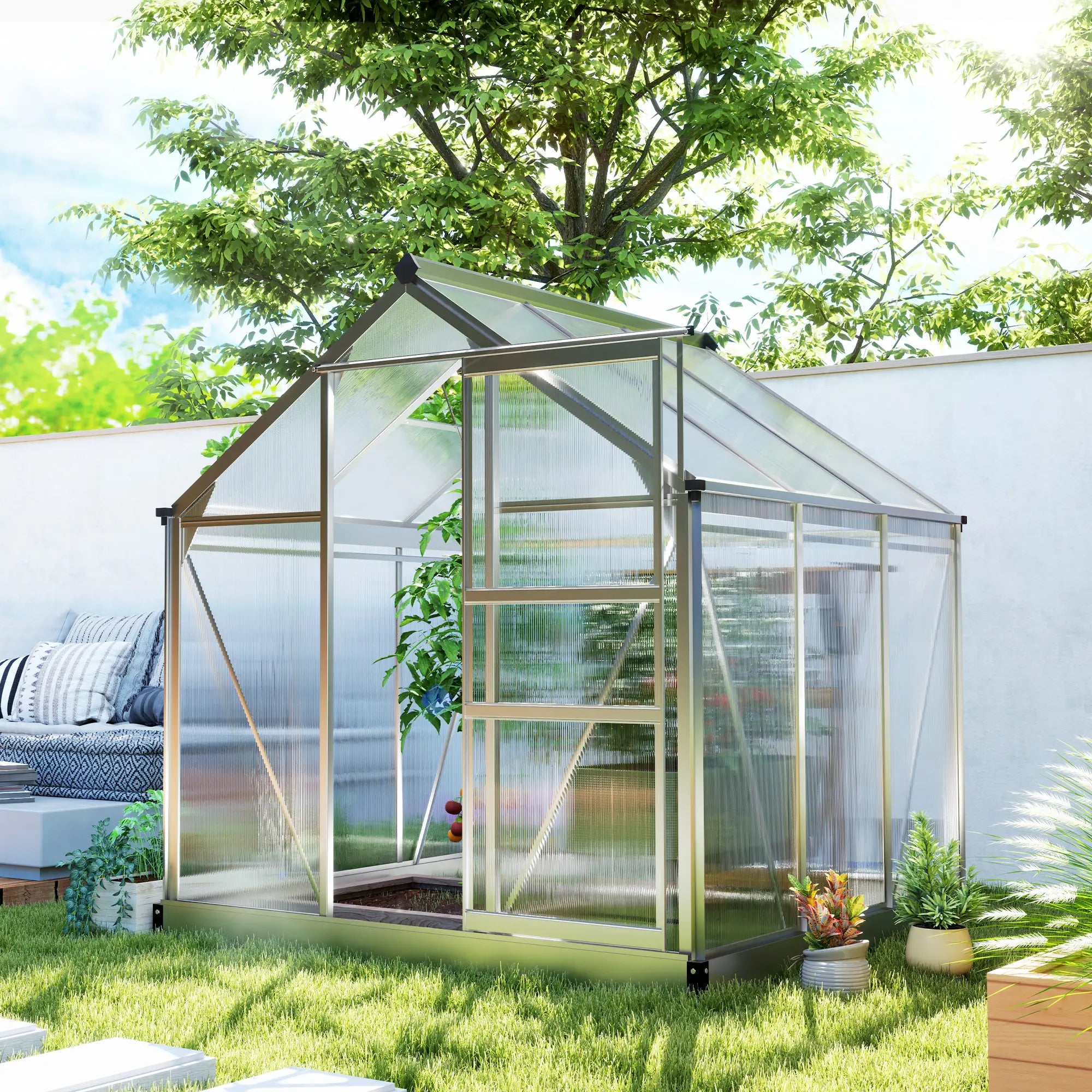 6' x 6' x 6.6' Polycarbonate Greenhouse, Walk-In Garden Kit, Silver Walk In Greenhouses at Gallery Canada