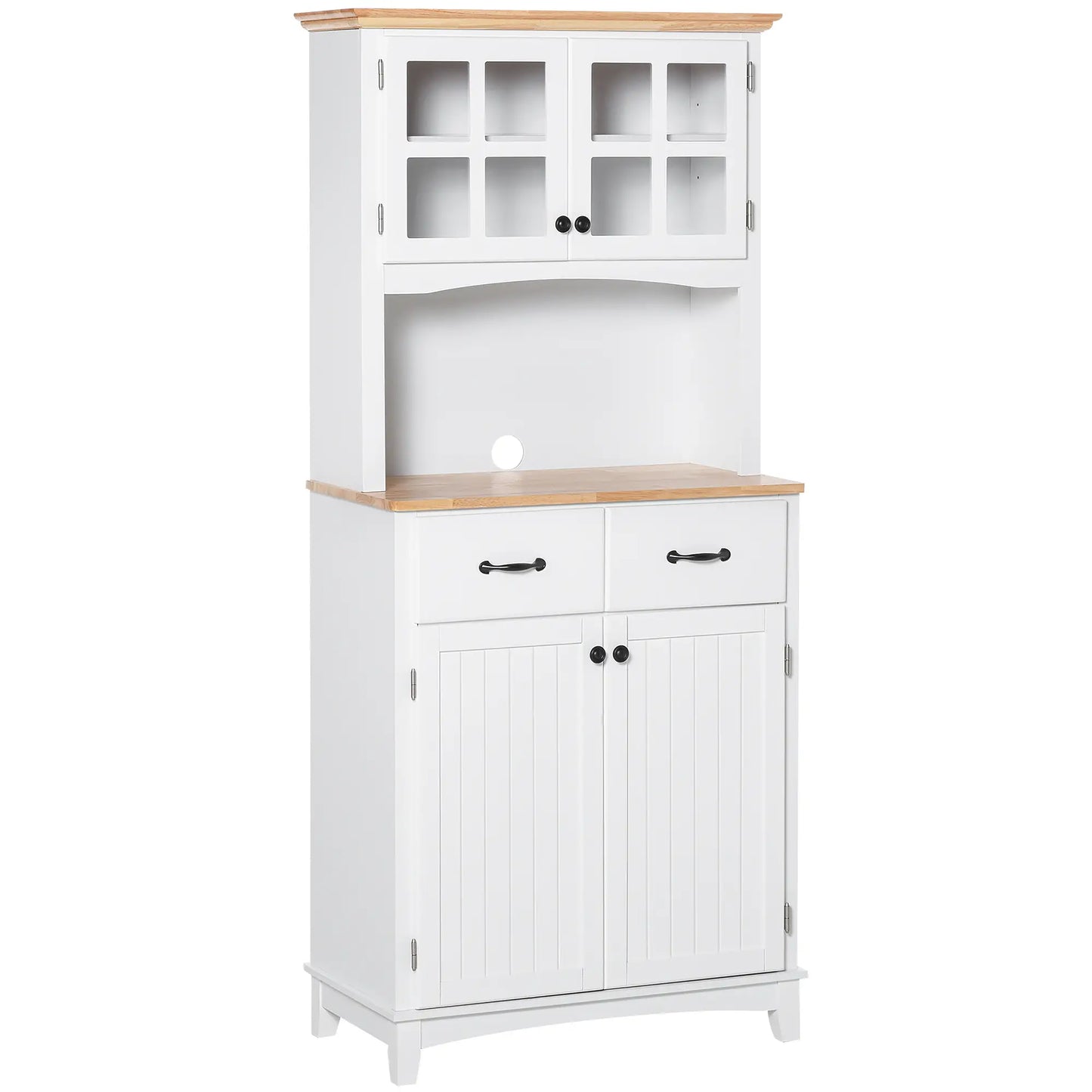 Buffet de cuisine style côtier, armoire de rangement en bois, porte vitrée encadrée, blanc