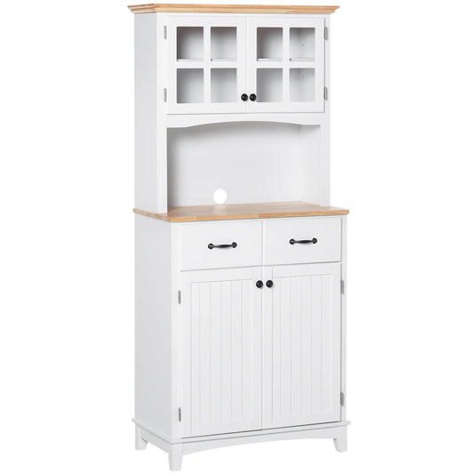 Buffet de cuisine style côtier, armoire de rangement en bois, porte vitrée encadrée, blanc