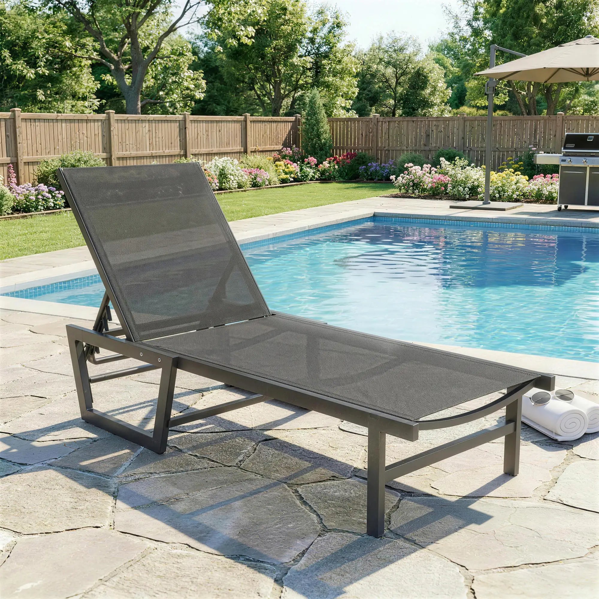 63 cm Wide Outdoor Lounge Chair, 4-Position Tanning Lounger, Dark Grey Lounger Chairs at Gallery Canada