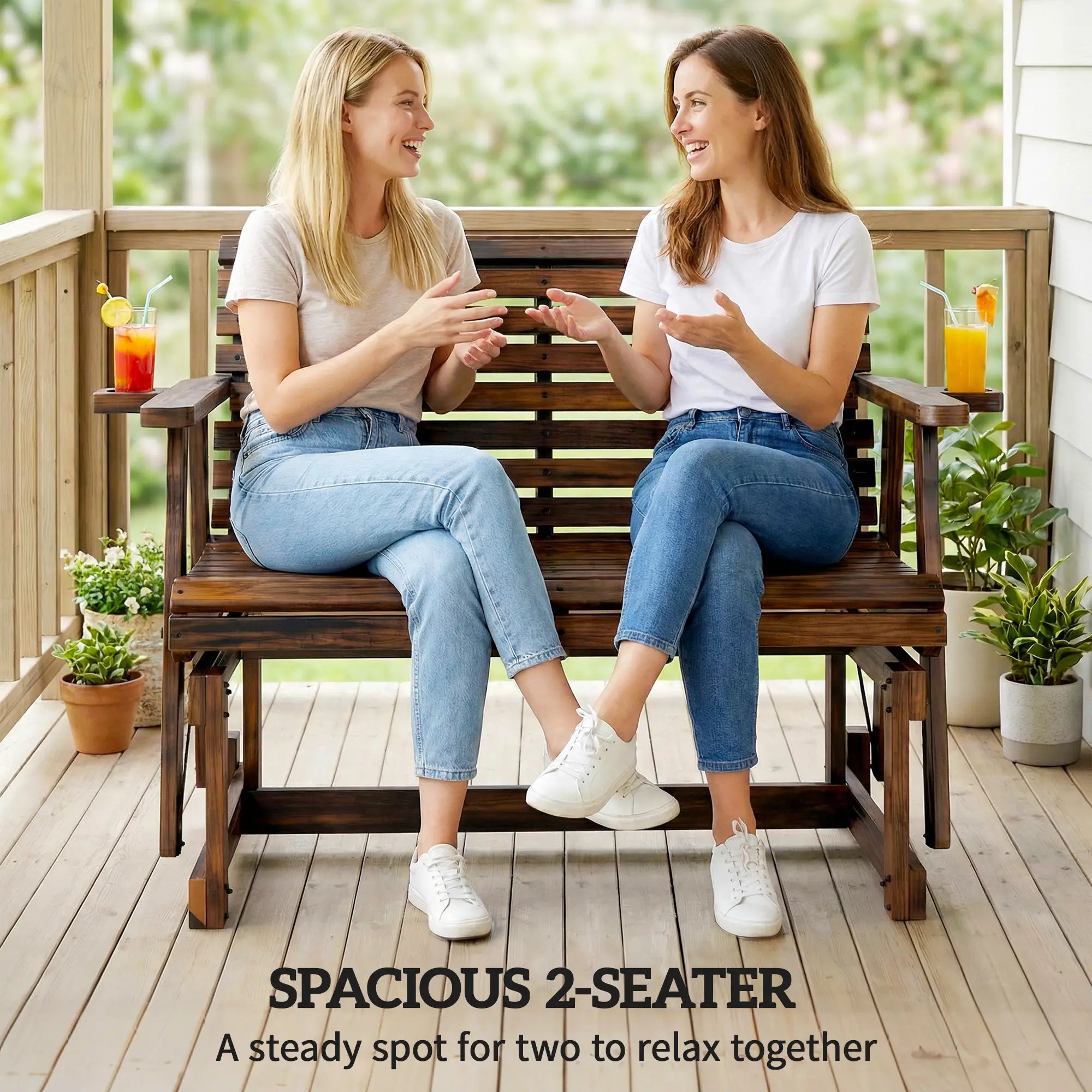 Outdoor Glider Bench, Wooden Glider Chair With 2 Cupholders Outdoor Gliders at Gallery Canada