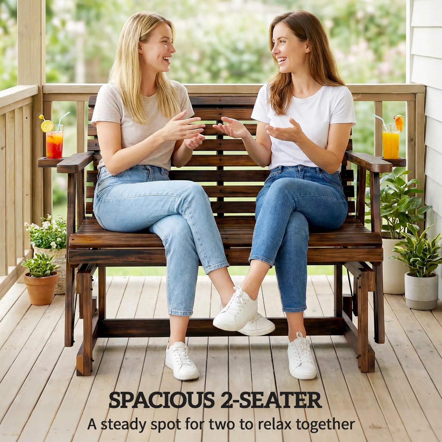 Outdoor Glider Bench, Wooden Glider Chair With 2 Cupholders Outdoor Gliders at Gallery Canada