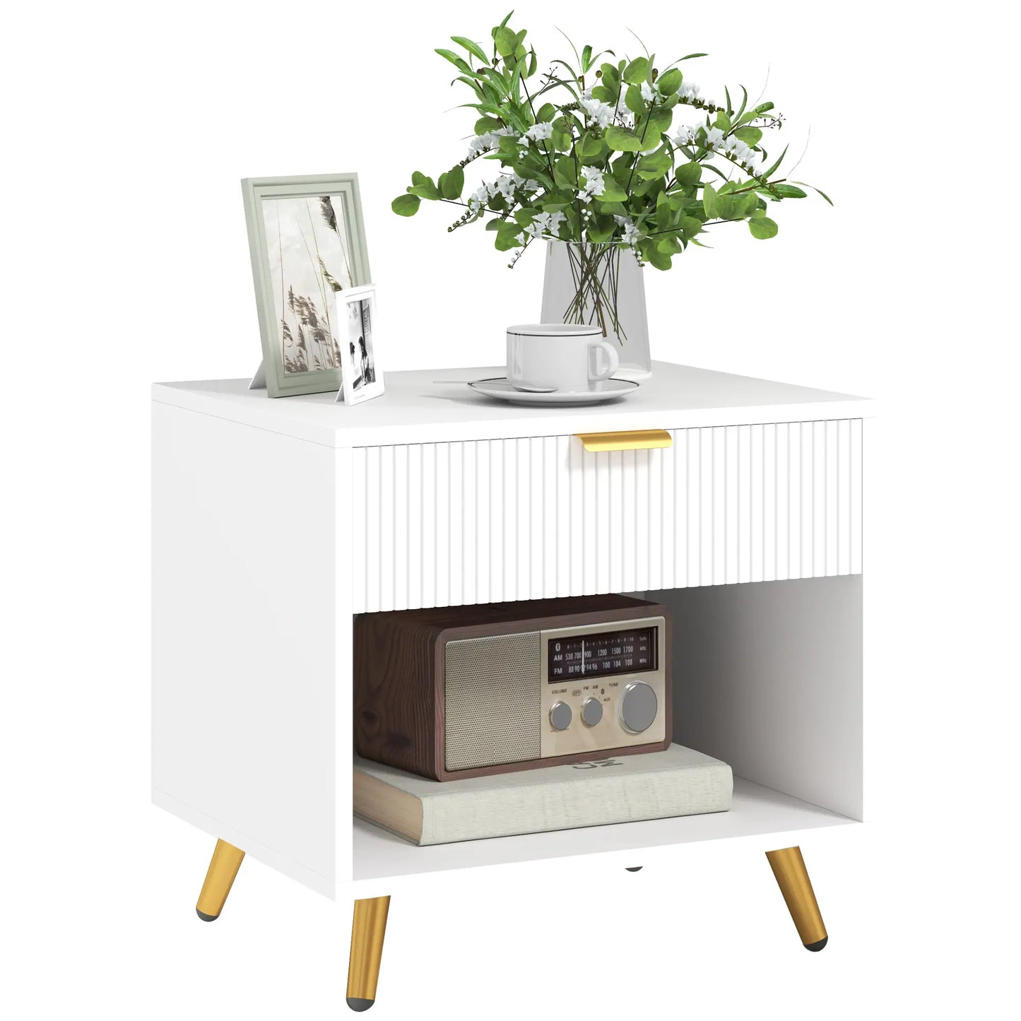 Modern Nightstand with Drawer, Open Compartment, White Bedside Tables White at Gallery Canada