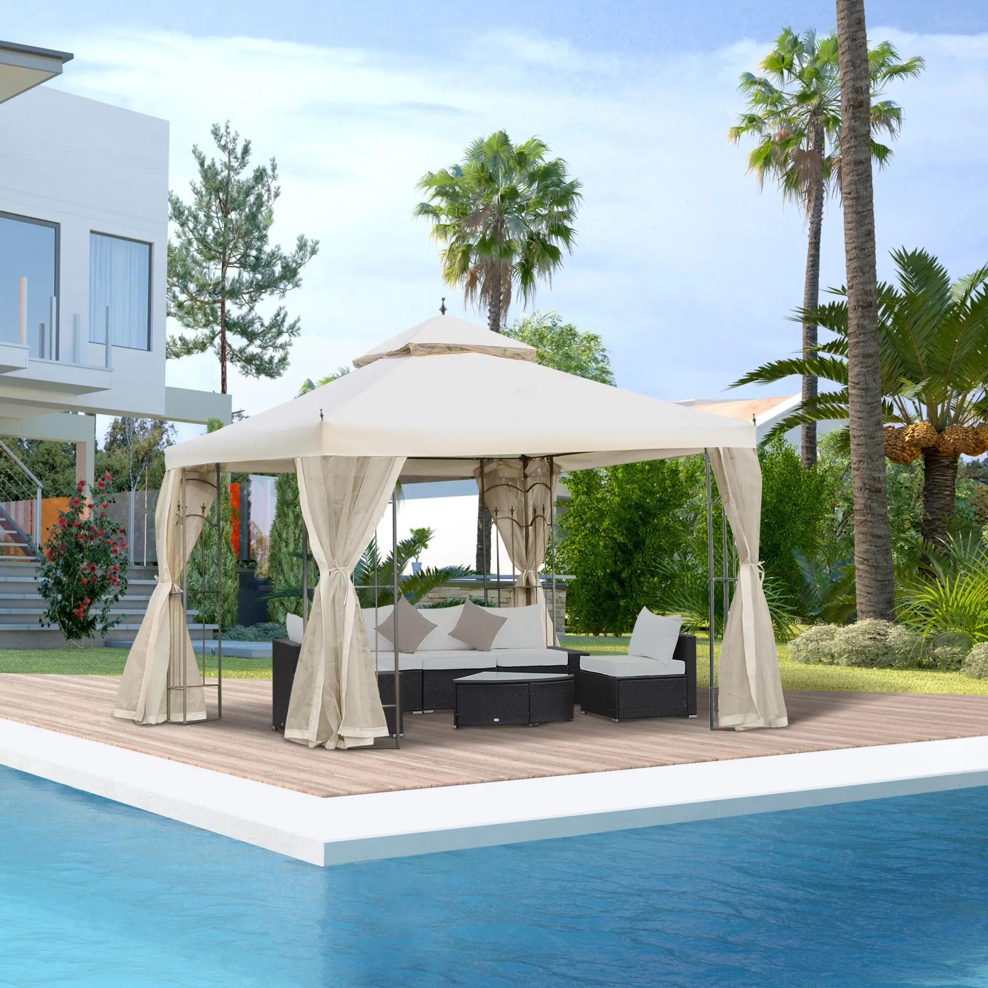 10' x 10' Steel Outdoor Gazebo, Removable Mesh Curtains, Beige Gazebos at Gallery Canada