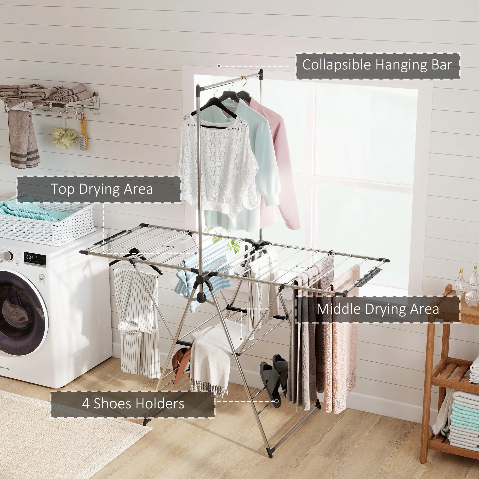 Foldable Stainless Steel Clothes Drying Rack, Adjustable Gullwings, Silver Bath Accessories at Gallery Canada