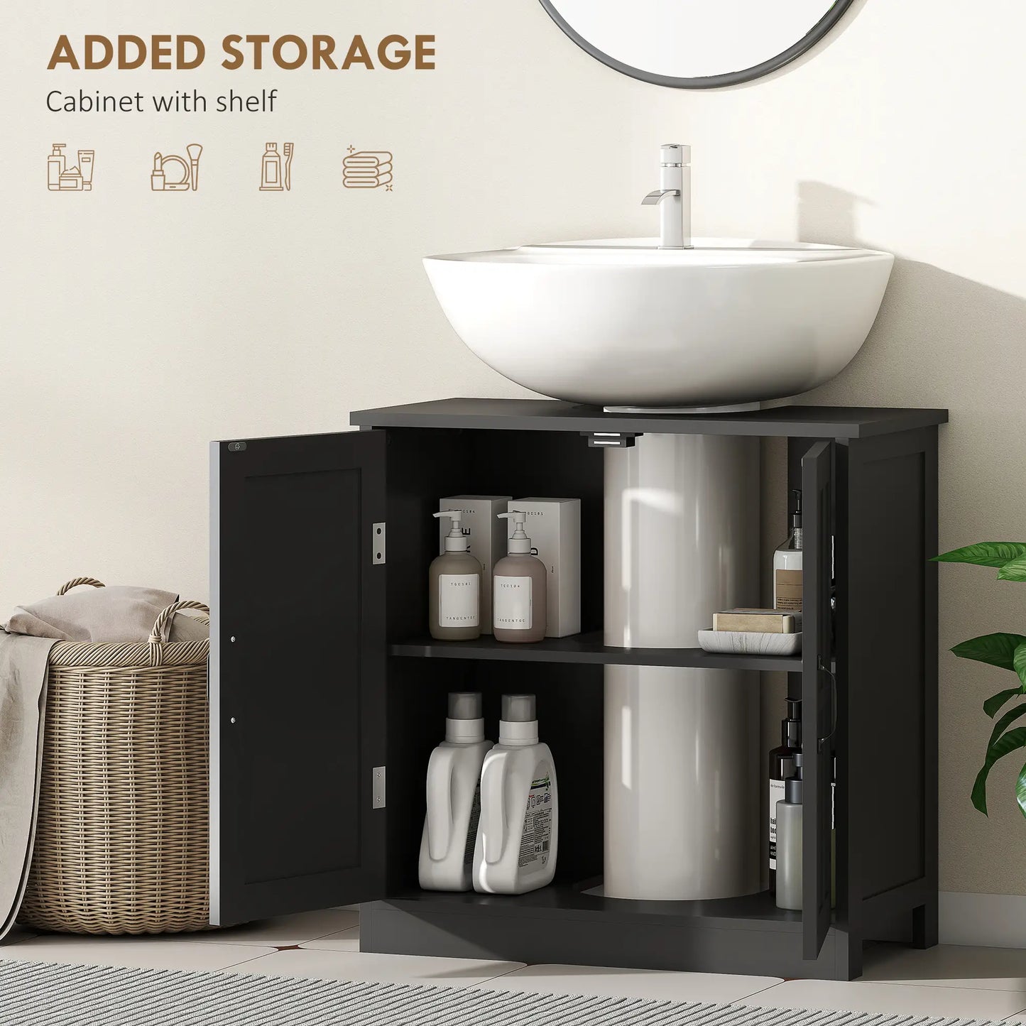 Pedestal Under Sink Vanity Cabinet, Double Doors, Adjustable Shelf, Black Sink Cabinets at Gallery Canada