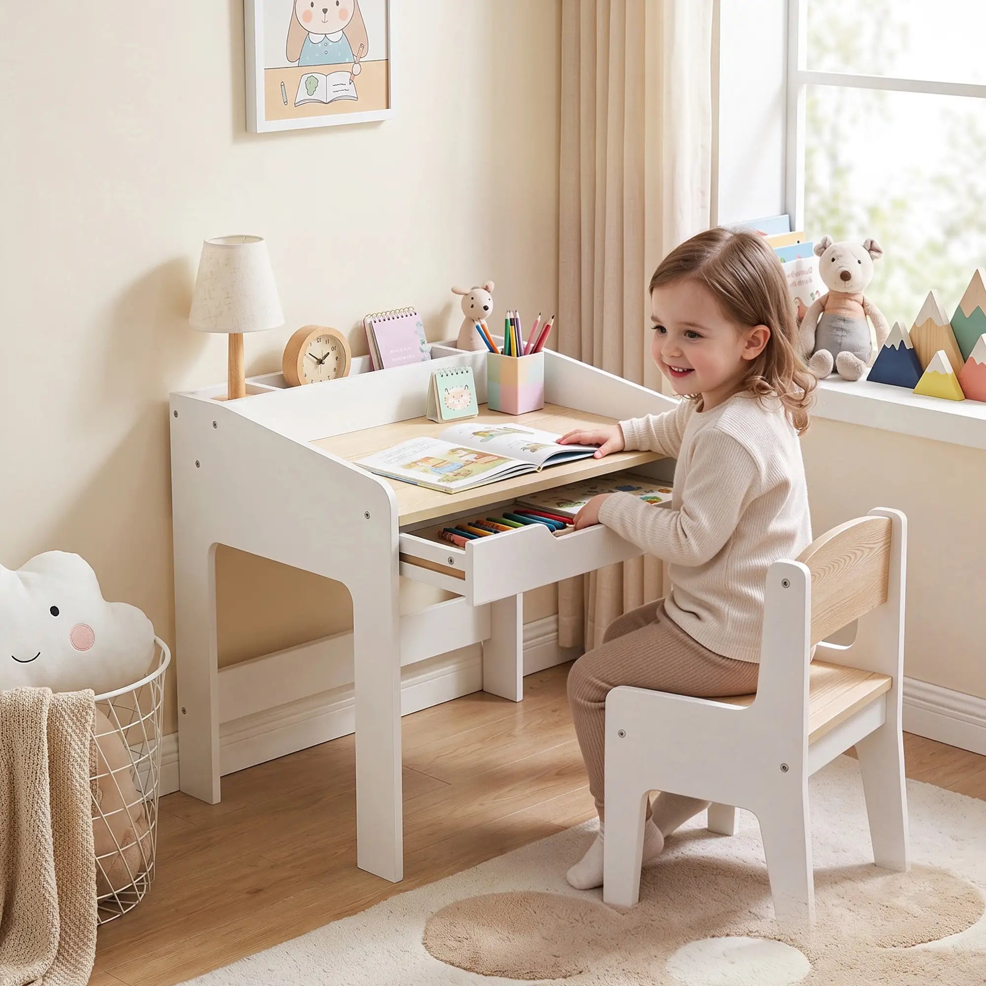 Kids Table and Chair Set, Study Desk with Shelf, White, White Kids Table Sets at Gallery Canada