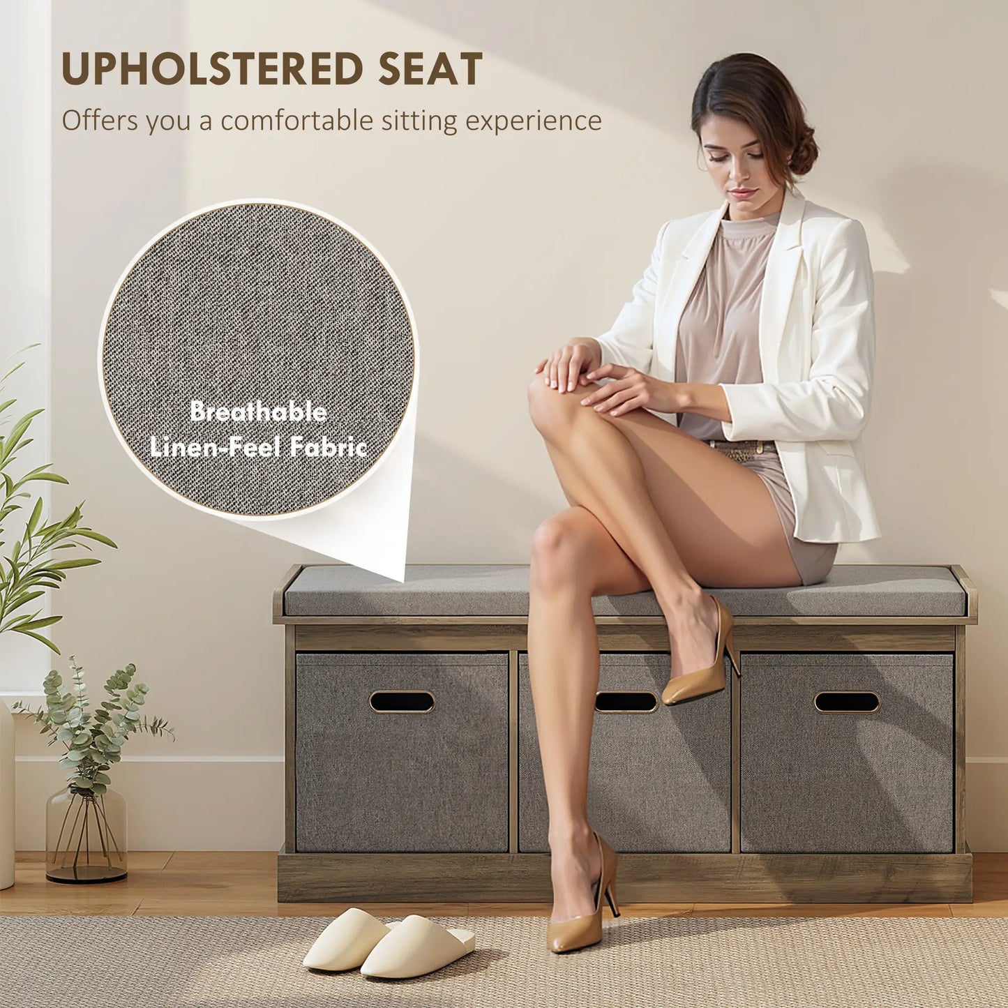 Shoe Storage Bench with Seat, 3 Fabric Drawers, Washed Grey Shoe Storage Cabinets & Racks at Gallery Canada