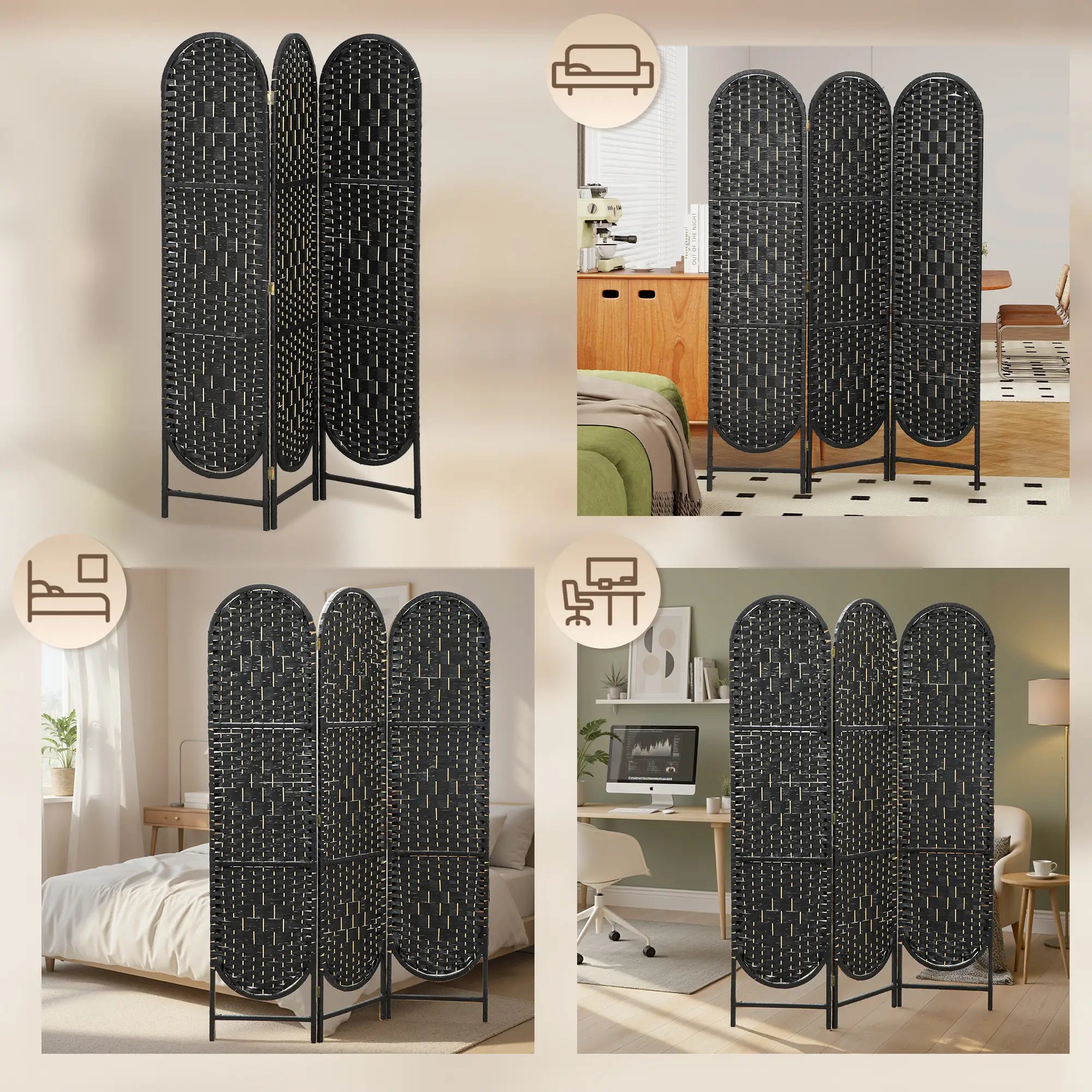 Bohemian Privacy Screen, 3 Panel Folding Room Divider, Arched Top, Black Room Dividers at Gallery Canada
