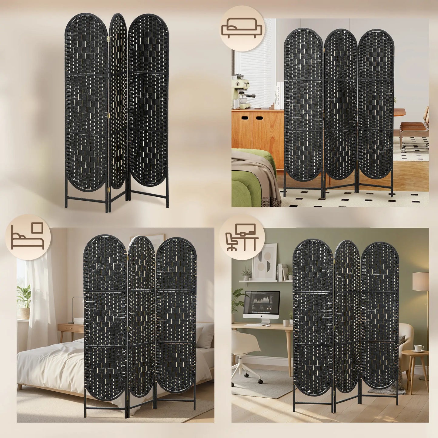 Bohemian Privacy Screen, 3 Panel Folding Room Divider, Arched Top, Black Room Dividers at Gallery Canada