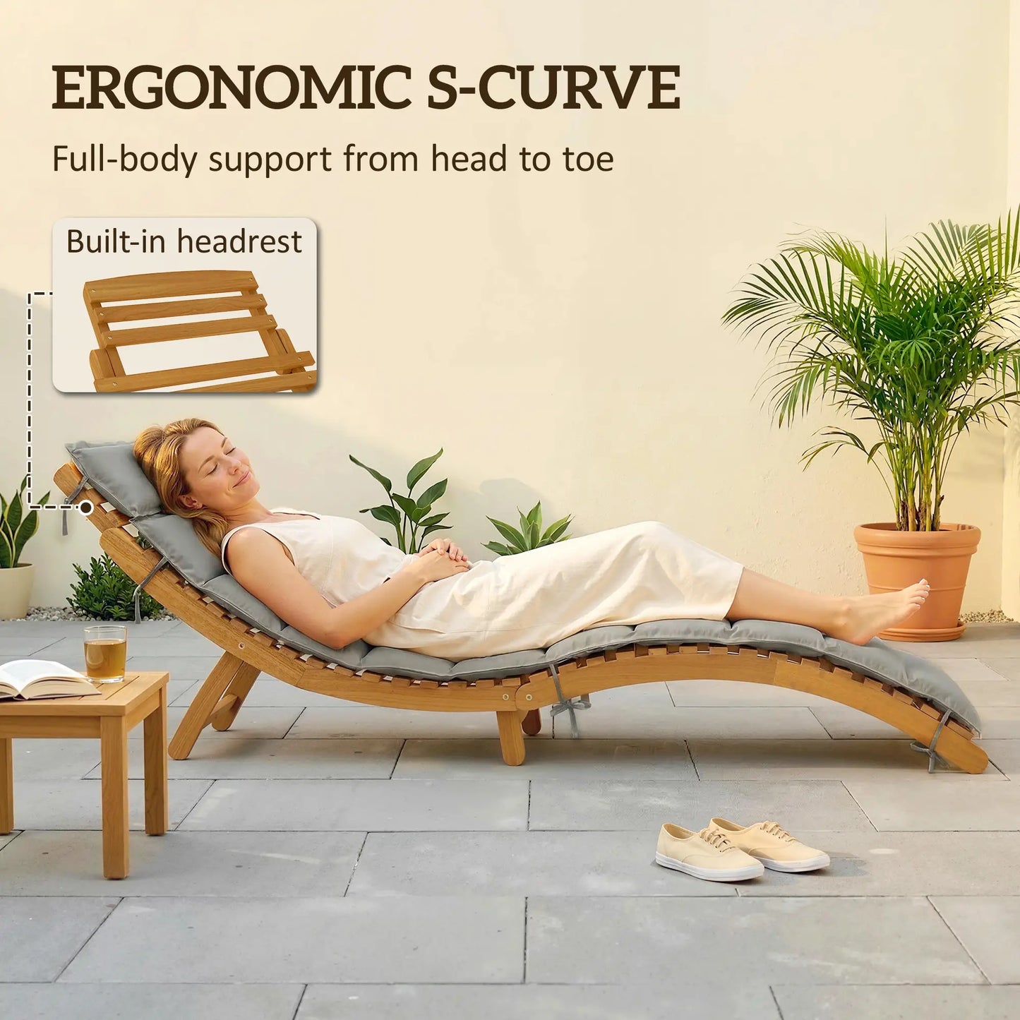 Folding Acacia Wood Chaise Lounge Chair with Cushion, Light Grey Lounger Chairs at Gallery Canada