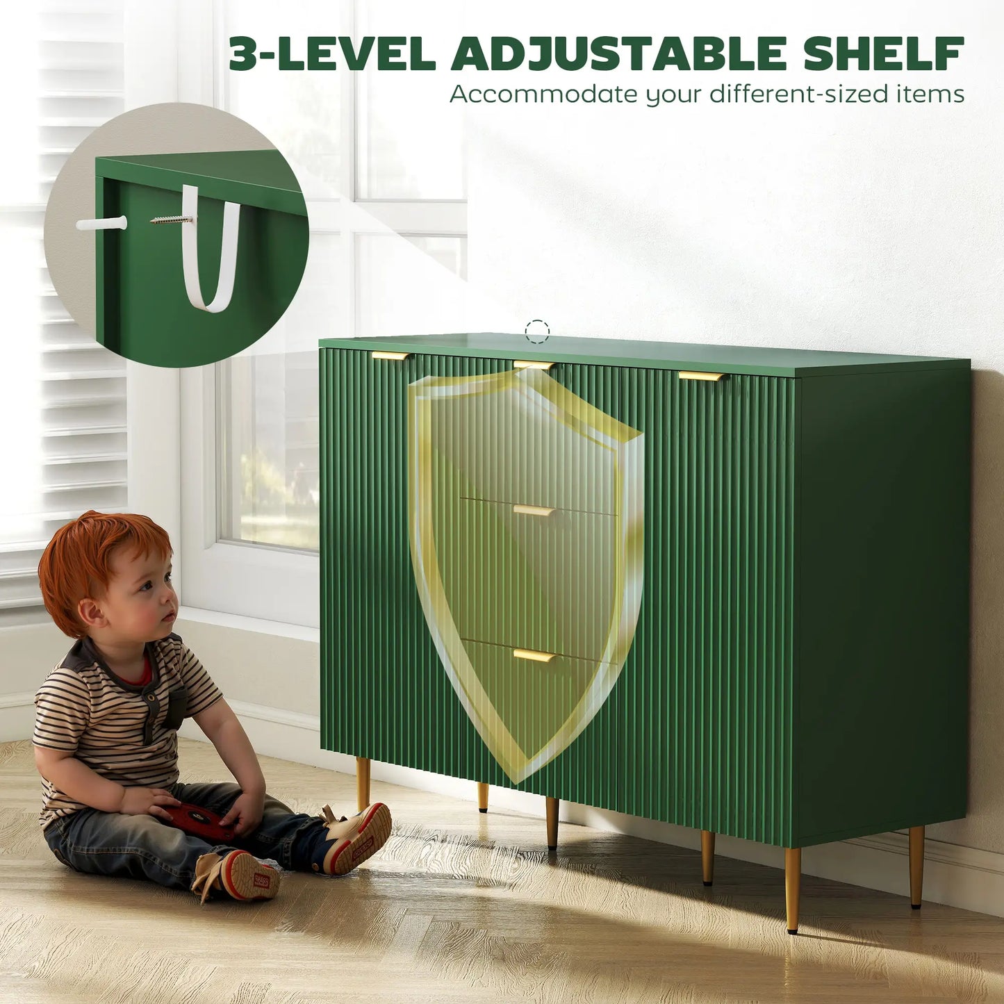 Modern Kitchen Storage Cabinet, Sideboard Buffet, 3 Drawers, Adjustable Shelves, Green Bar Cabinets at Gallery Canada