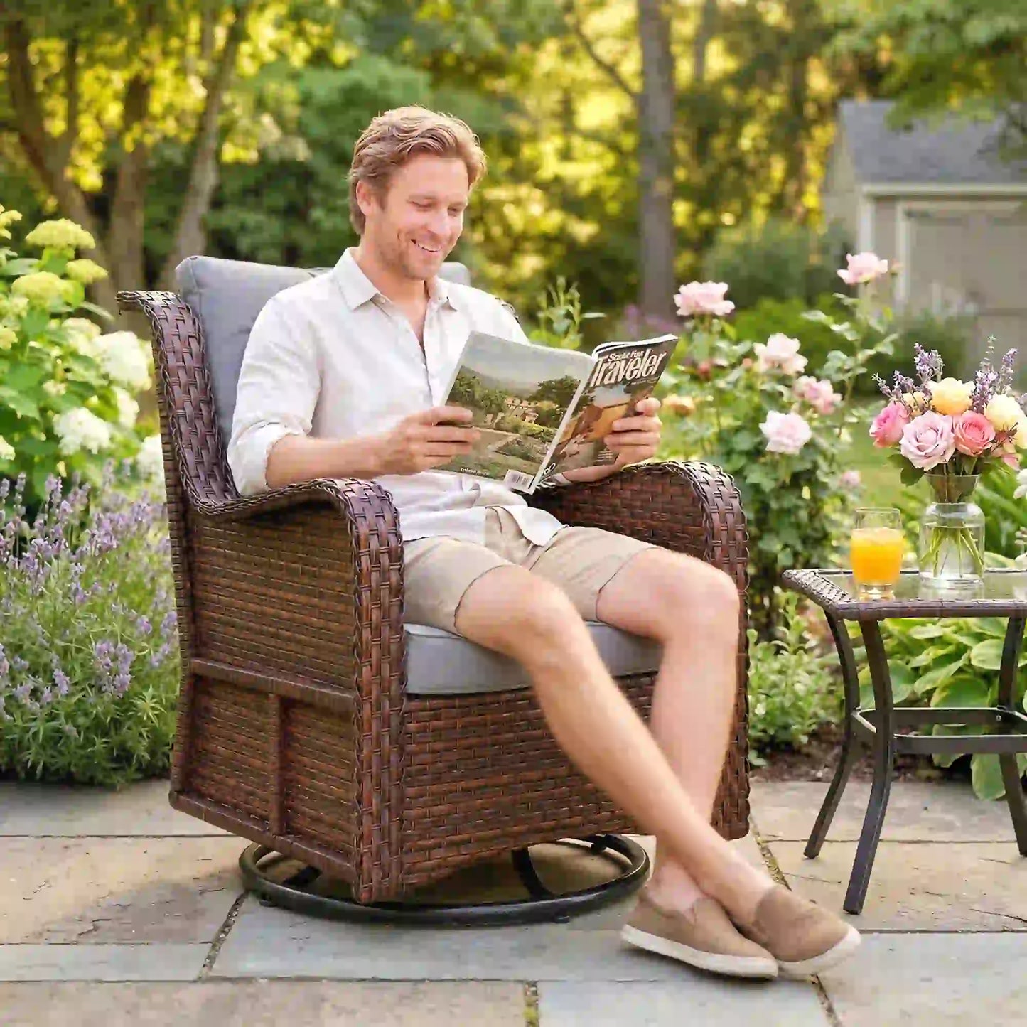 PE Rattan Swivel Patio Chair with Cushion, Dark Grey Patio Chairs at Gallery Canada