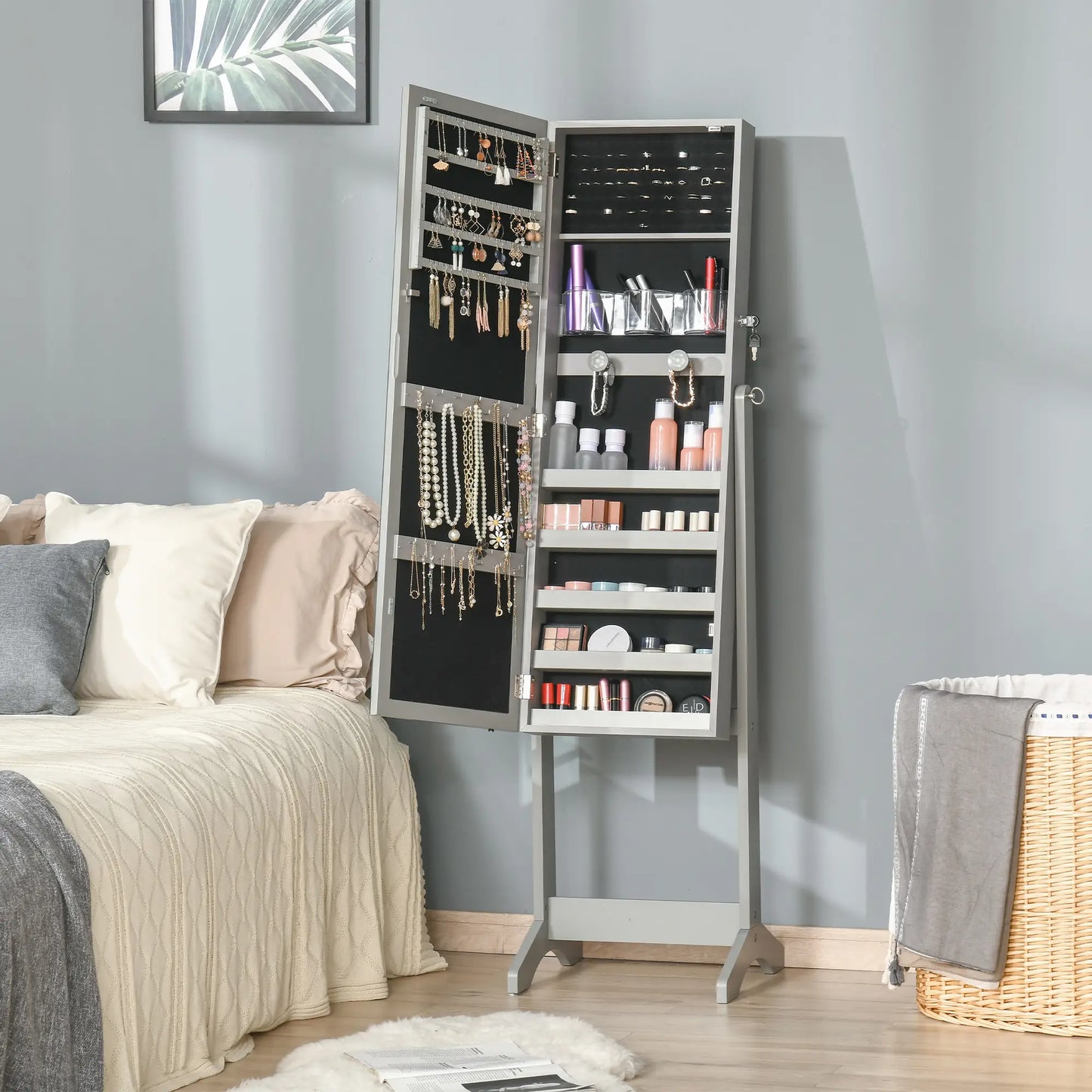 Lockable Jewelry Armoire with LED Light, Standing Mirror, Grey Jewelry Armoire & Jewellery Mirror Cabinets at Gallery Canada