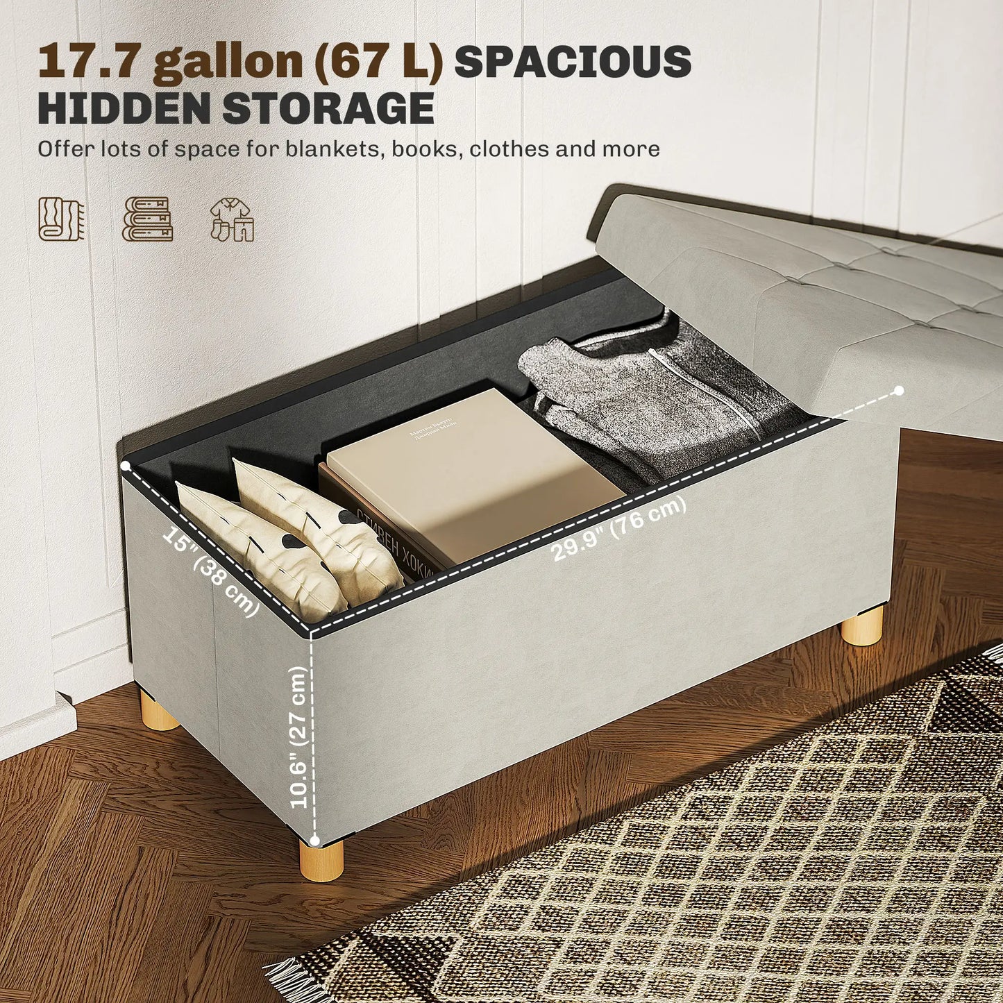 Velvet Upholstered Foldable Storage Ottoman Bench, Wood Legs Storage Ottomans & Benches at Gallery Canada