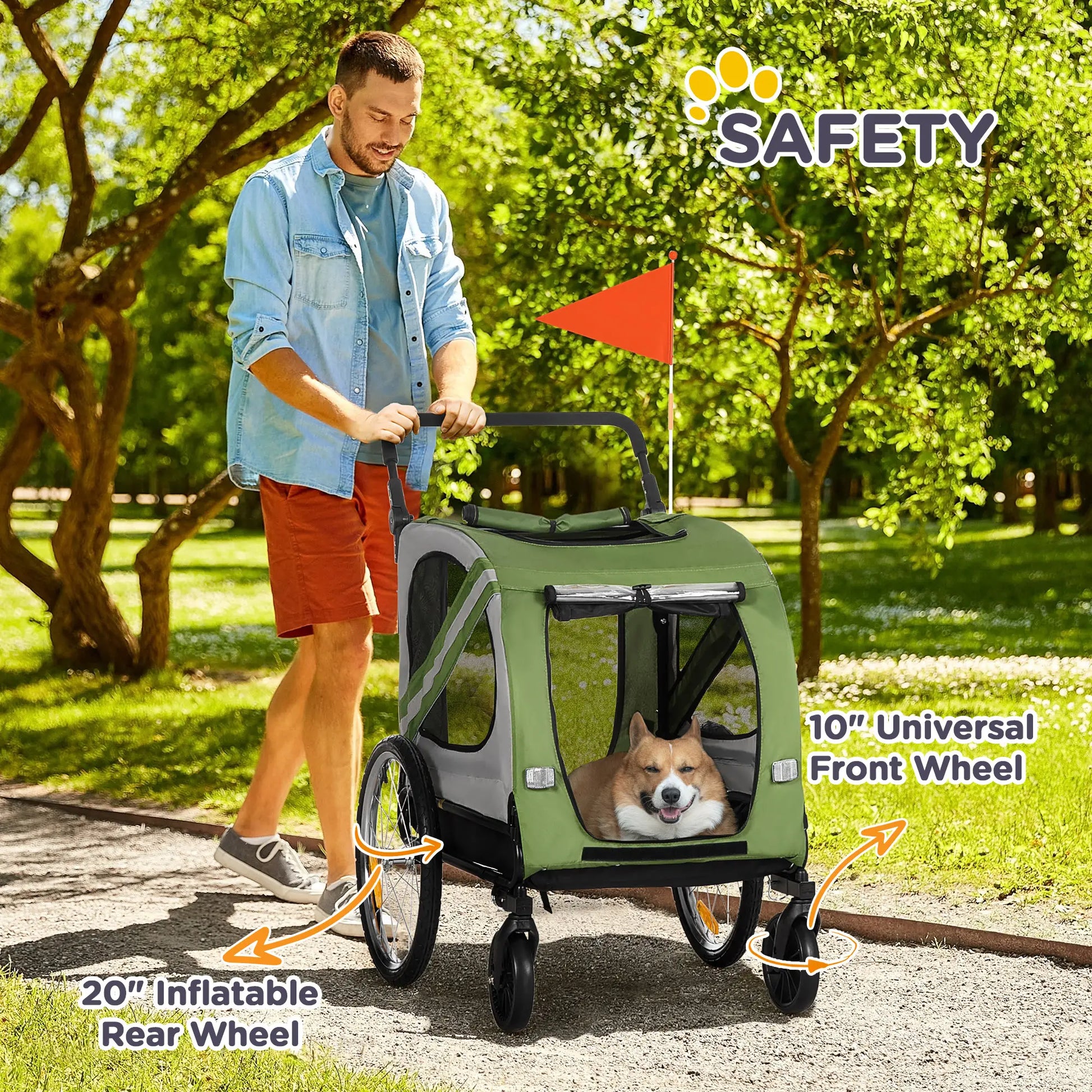 Dog Bike Trailer, 2-in-1 Pet Stroller, Universal Wheel Reflectors, Green Dog Bike Trailers & Strollers at Gallery Canada