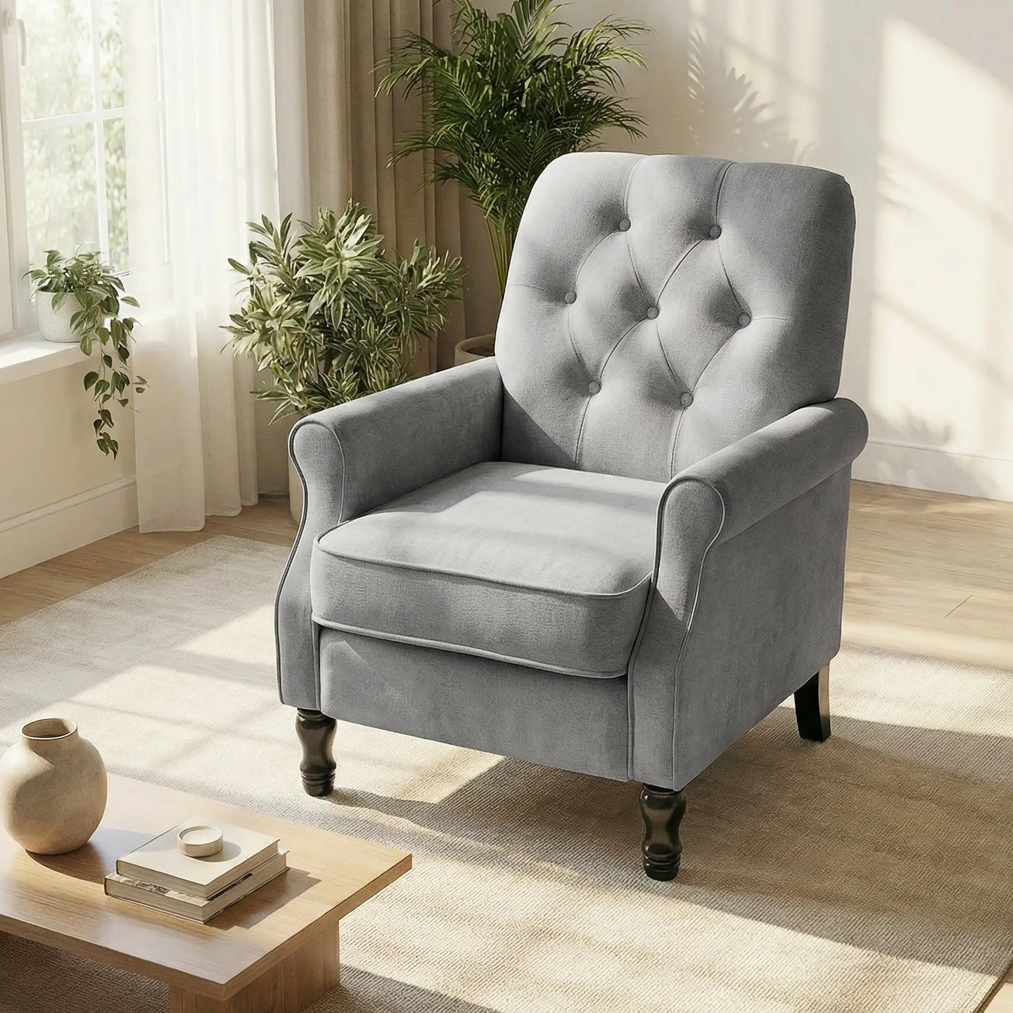 Mid-Century Modern Armchair, Thick Padded Seat, Spring Cushion, Solid Wood Legs, Grey Single Sofas at Gallery Canada