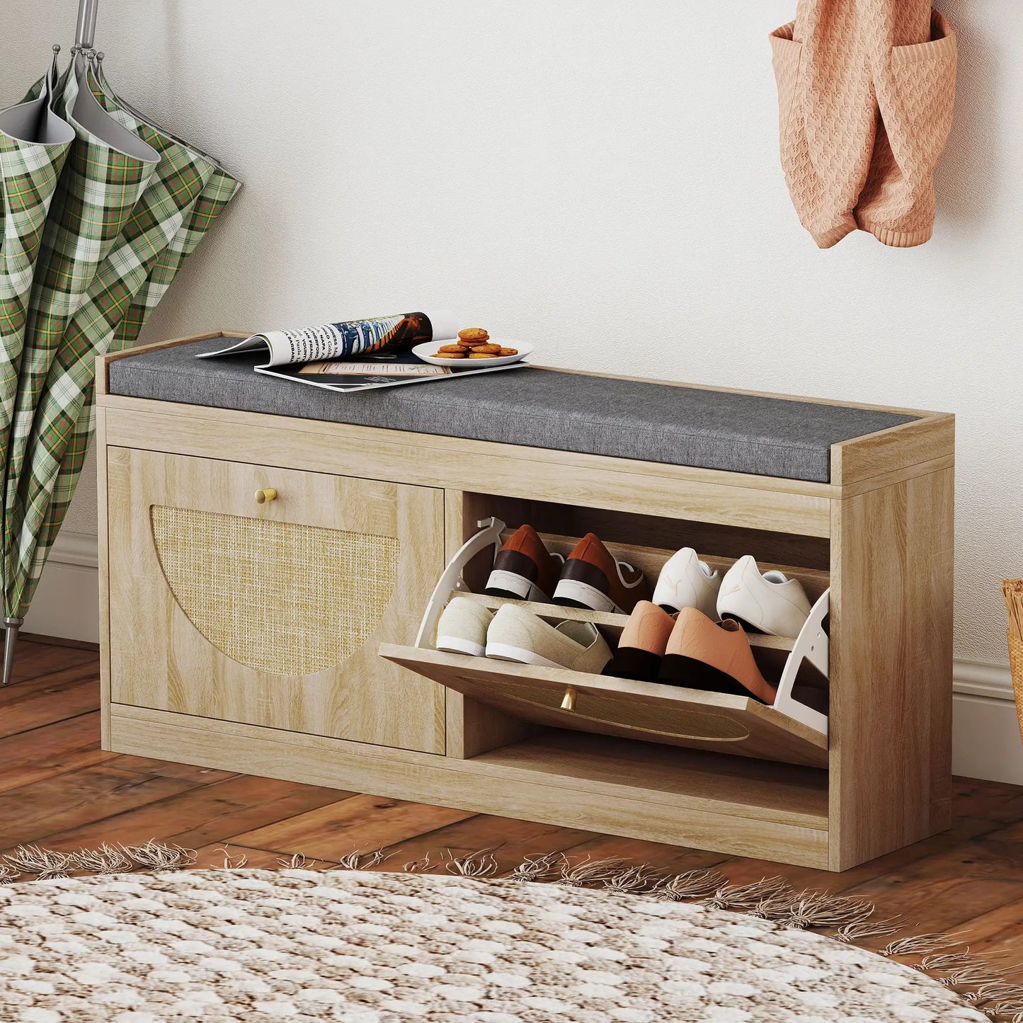 Shoe Bench with Flip Doors, Seat Cushion, Adjustable Shelves, Natural Wood Shoe Storage Cabinets & Racks at Gallery Canada